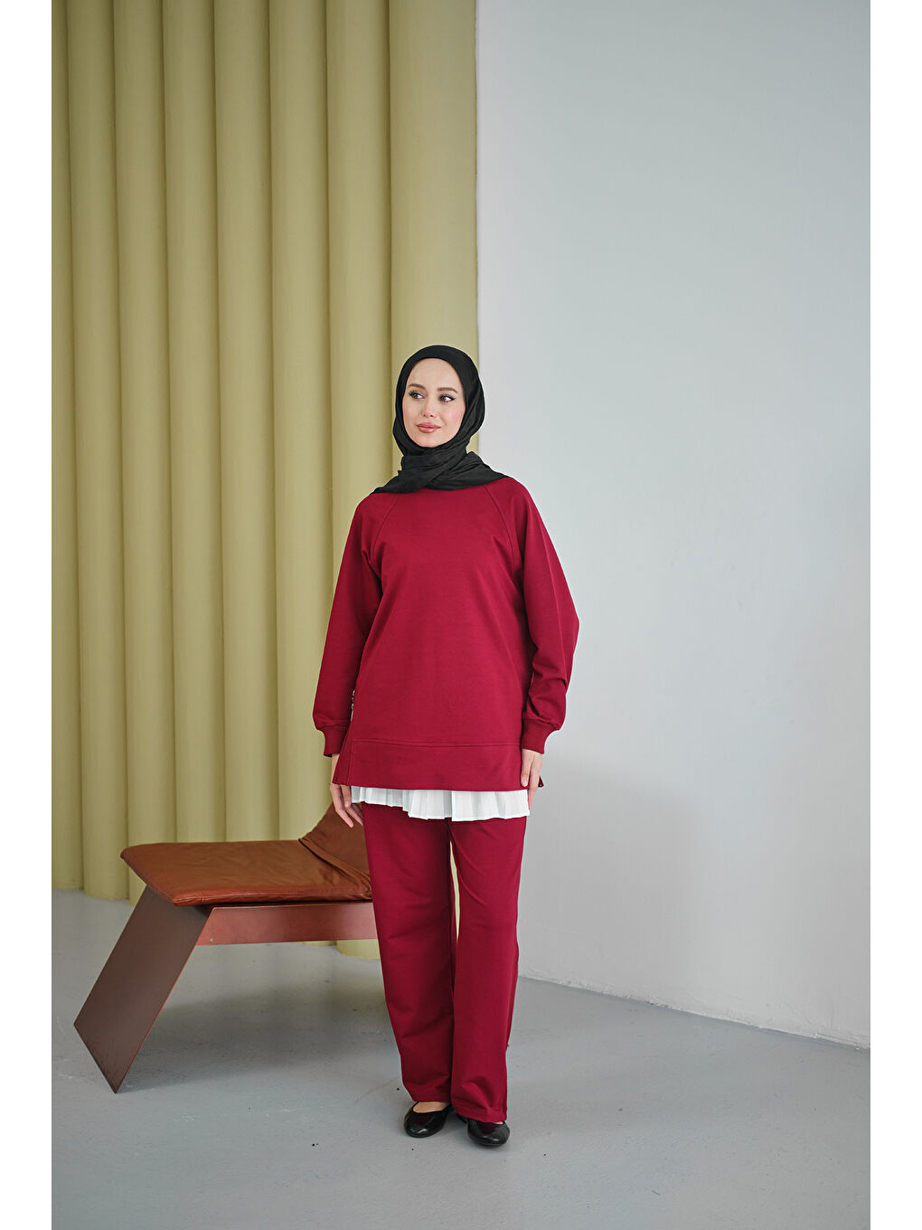 Kadın Yanları Fitilli Fermuarlı Basic Takım Bordo-1