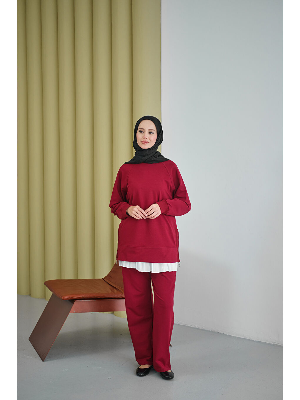 Kadın Yanları Fitilli Fermuarlı Basic Takım Bordo-2