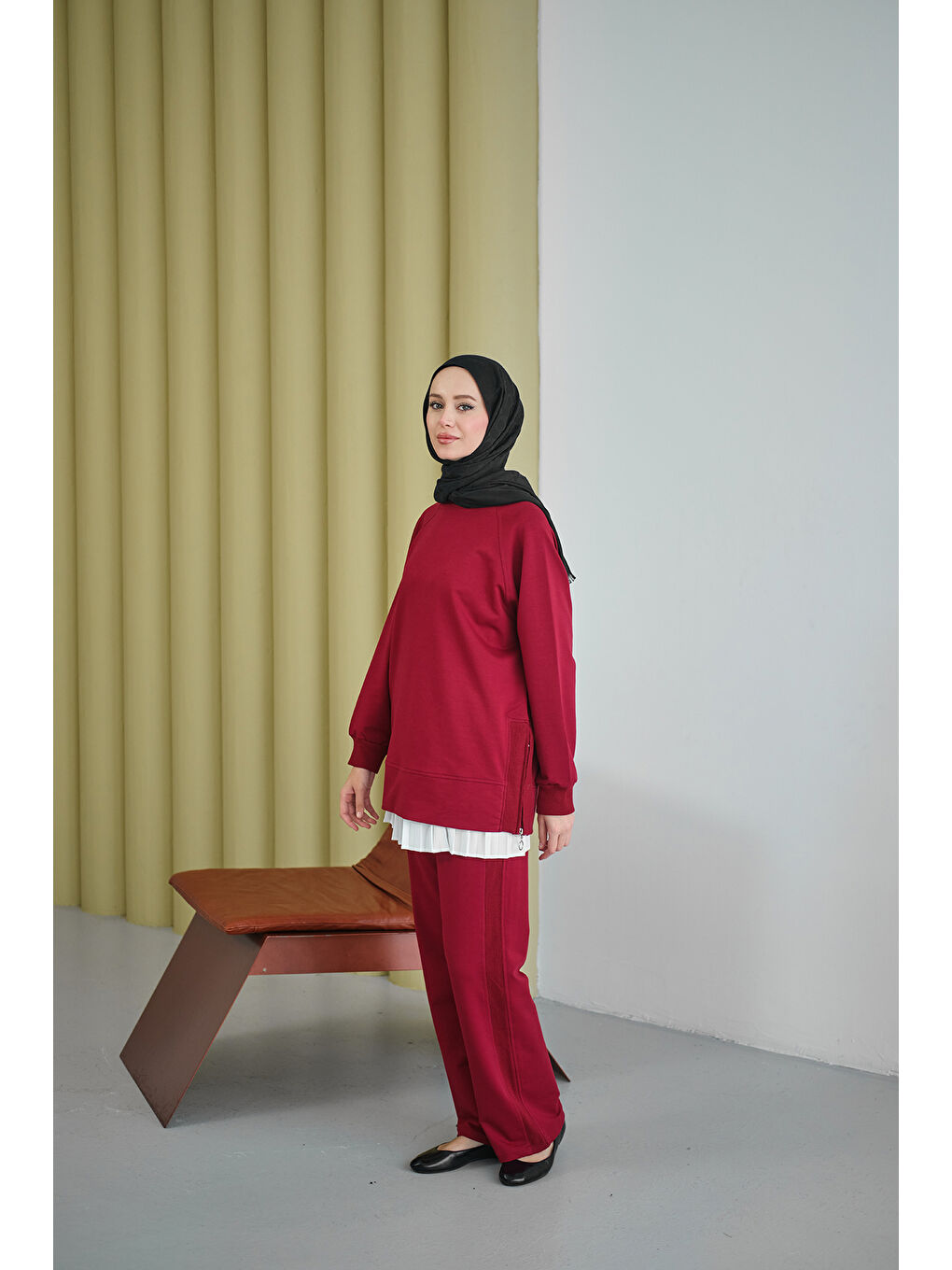Kadın Yanları Fitilli Fermuarlı Basic Takım Bordo-3