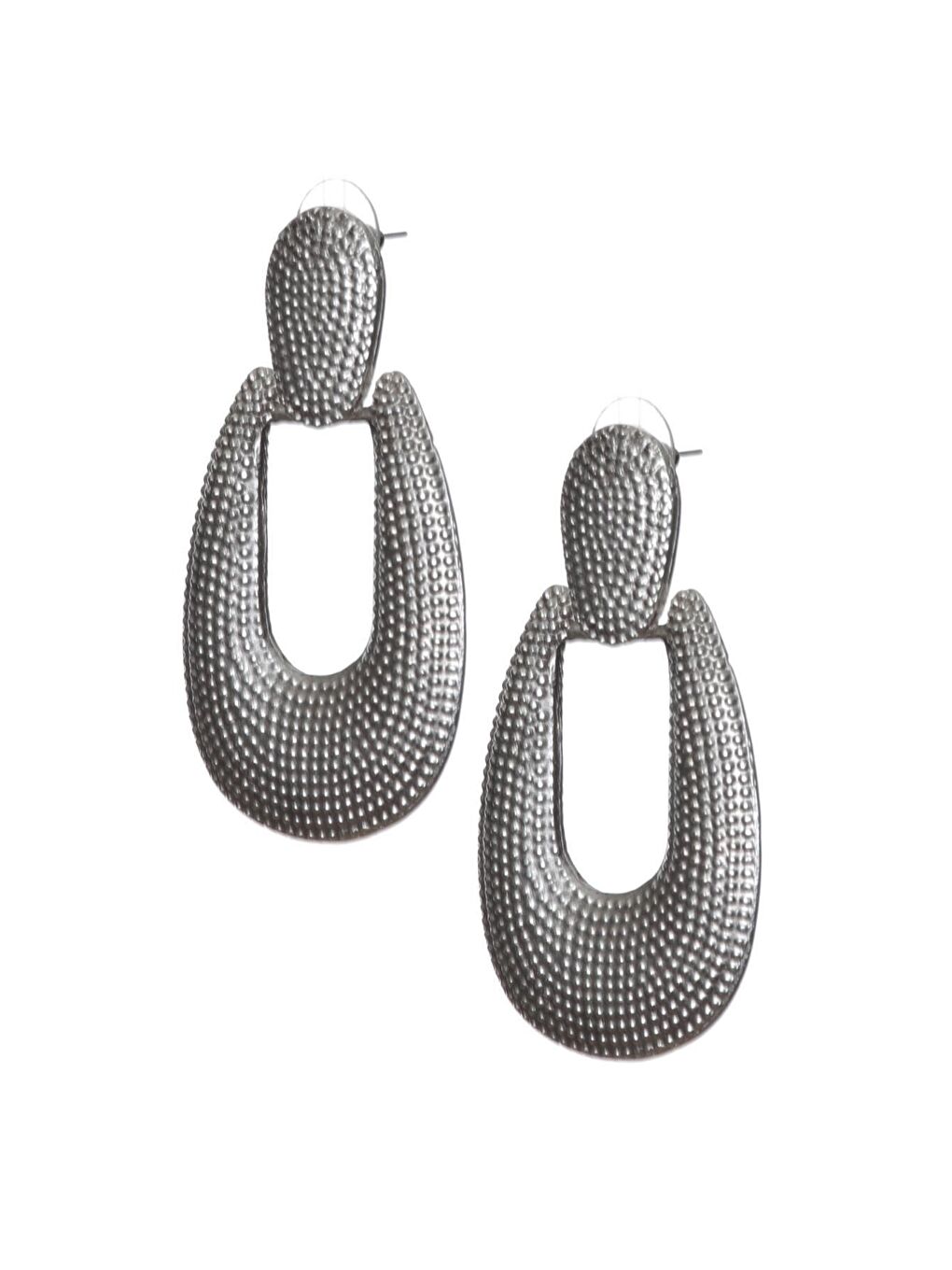 Gri Kadın Antik Gümüş Kaplama Çivili Model Baskılı Büyük Damla Küpe