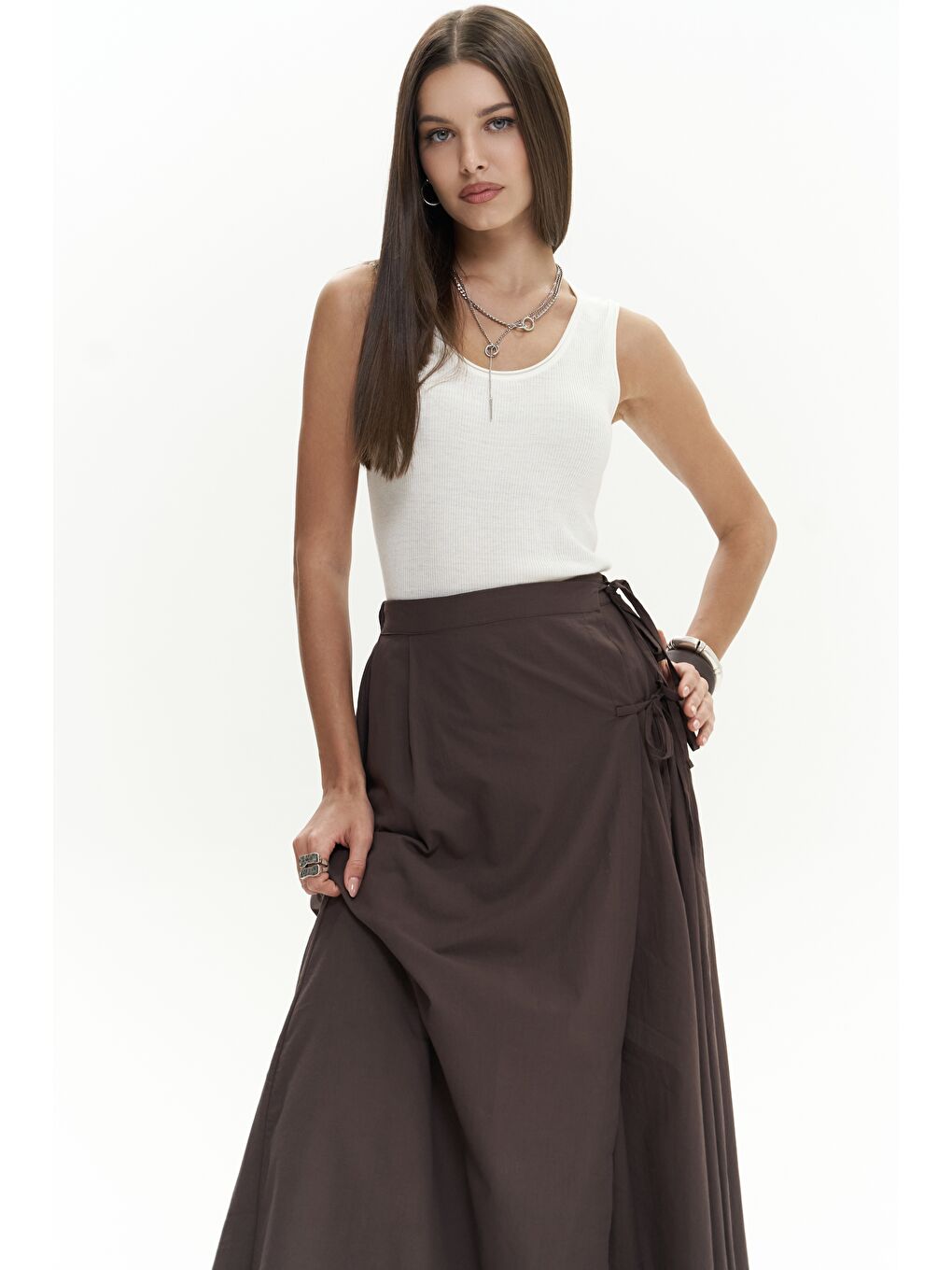 Kahverengi Aida İp Detay Pileli Kahve Etek-3