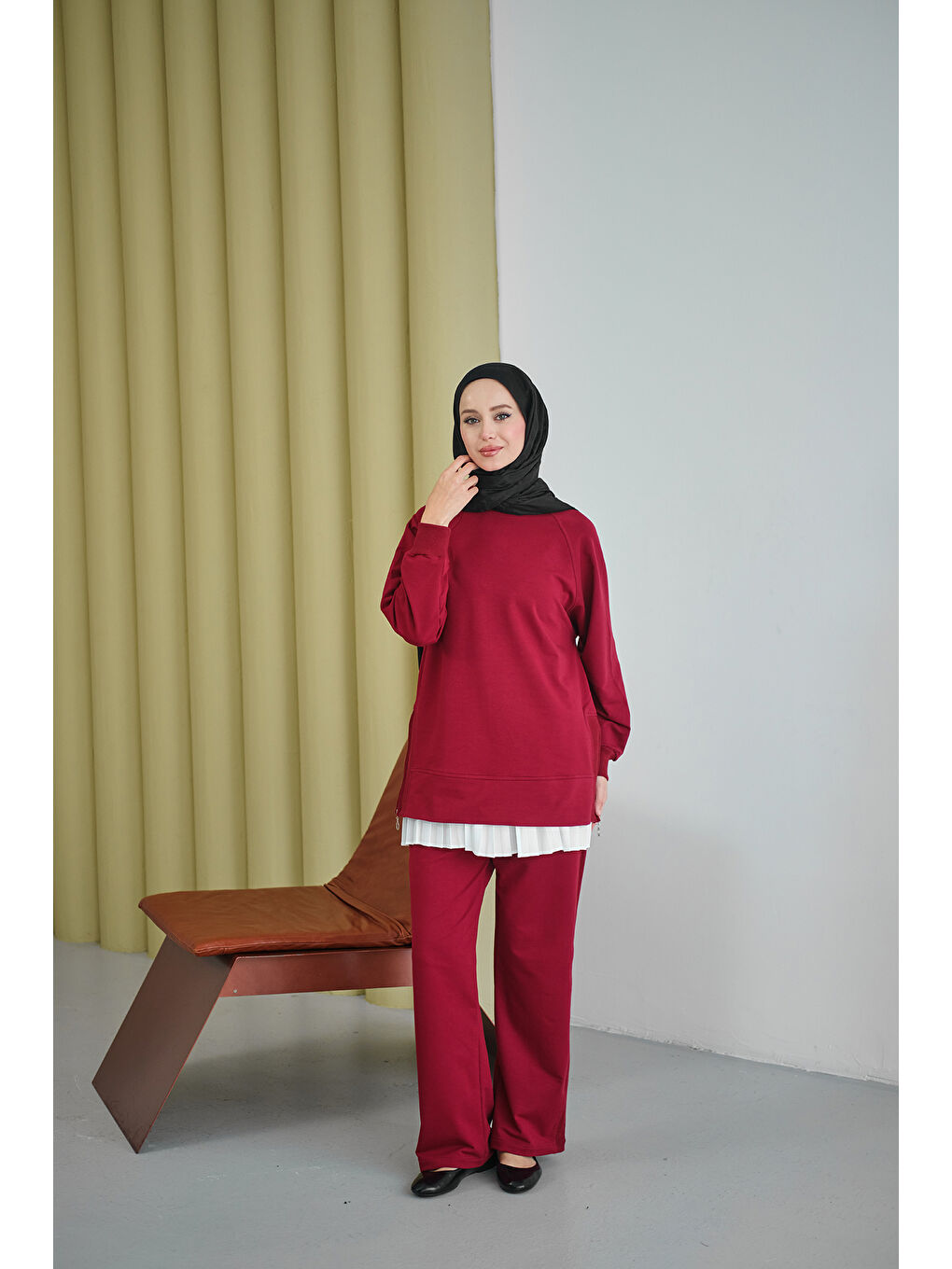 Kadın Yanları Fitilli Fermuarlı Basic Takım Bordo-4