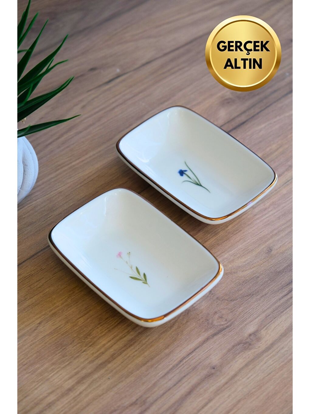 Karışık Porselen Natura Karma Altın Yaldızlı Dikdörtgen Kayık Tabak 10x7x2cm 2 li-1