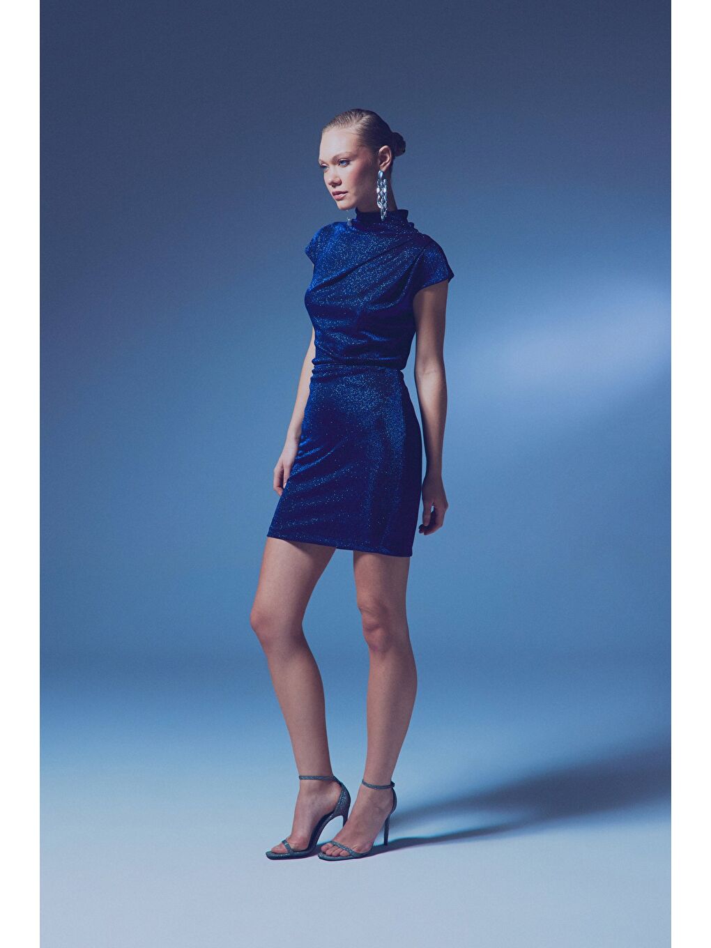 Simli Dik Yaka Bodysuit - Sax Mavi-1