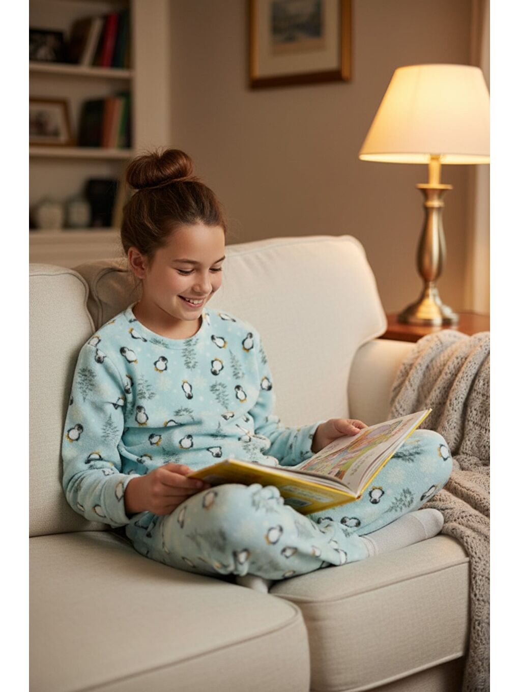Mavi Penguen Desenli Polar Unisex Çocuk Pijama Takımı