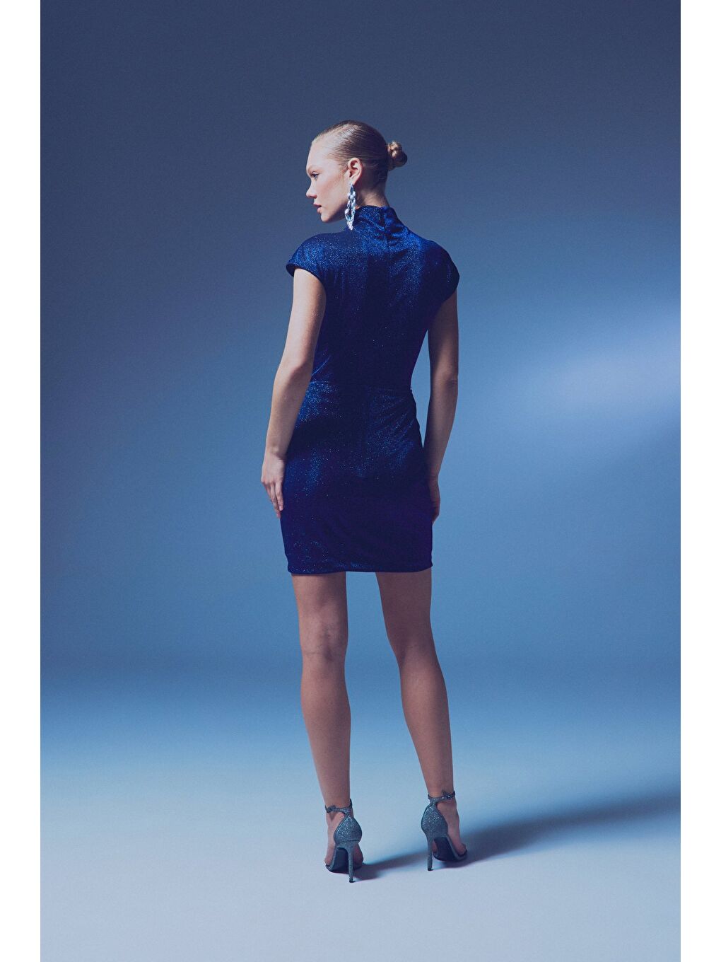 Simli Dik Yaka Bodysuit - Sax Mavi-6