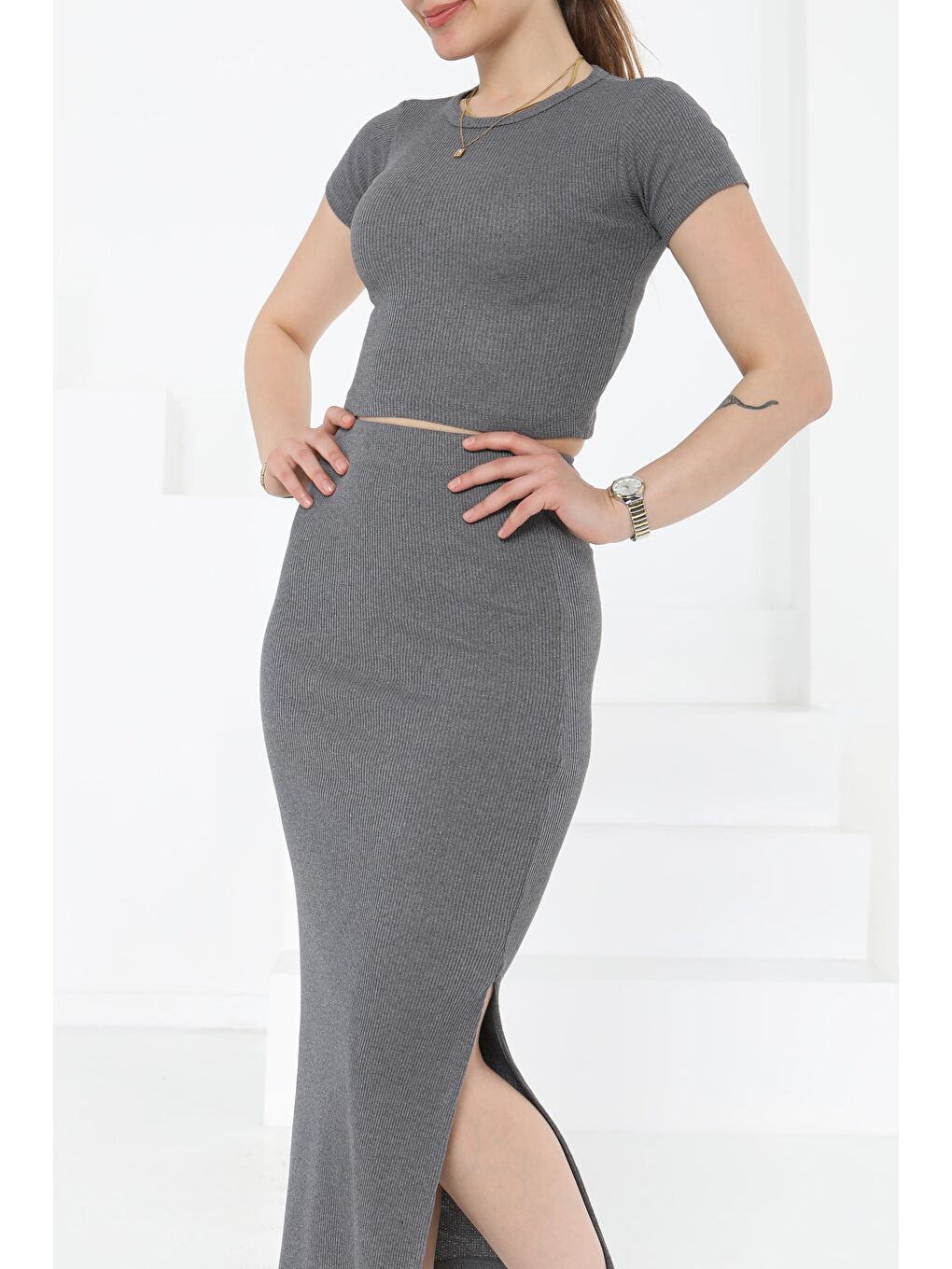 Gri Kısa Kollu İkili Takım Füme - 27231