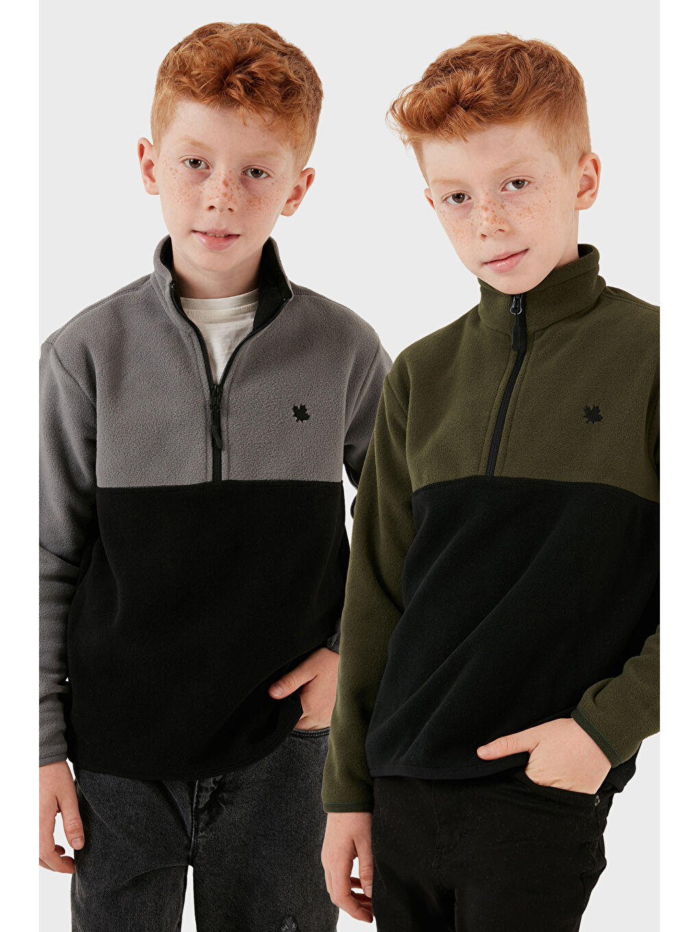 Gri Yumuşak Dokulu Yarım Fermuarlı Renk Bloklu Dik Yaka 2'li Paket Polar 5905004S2