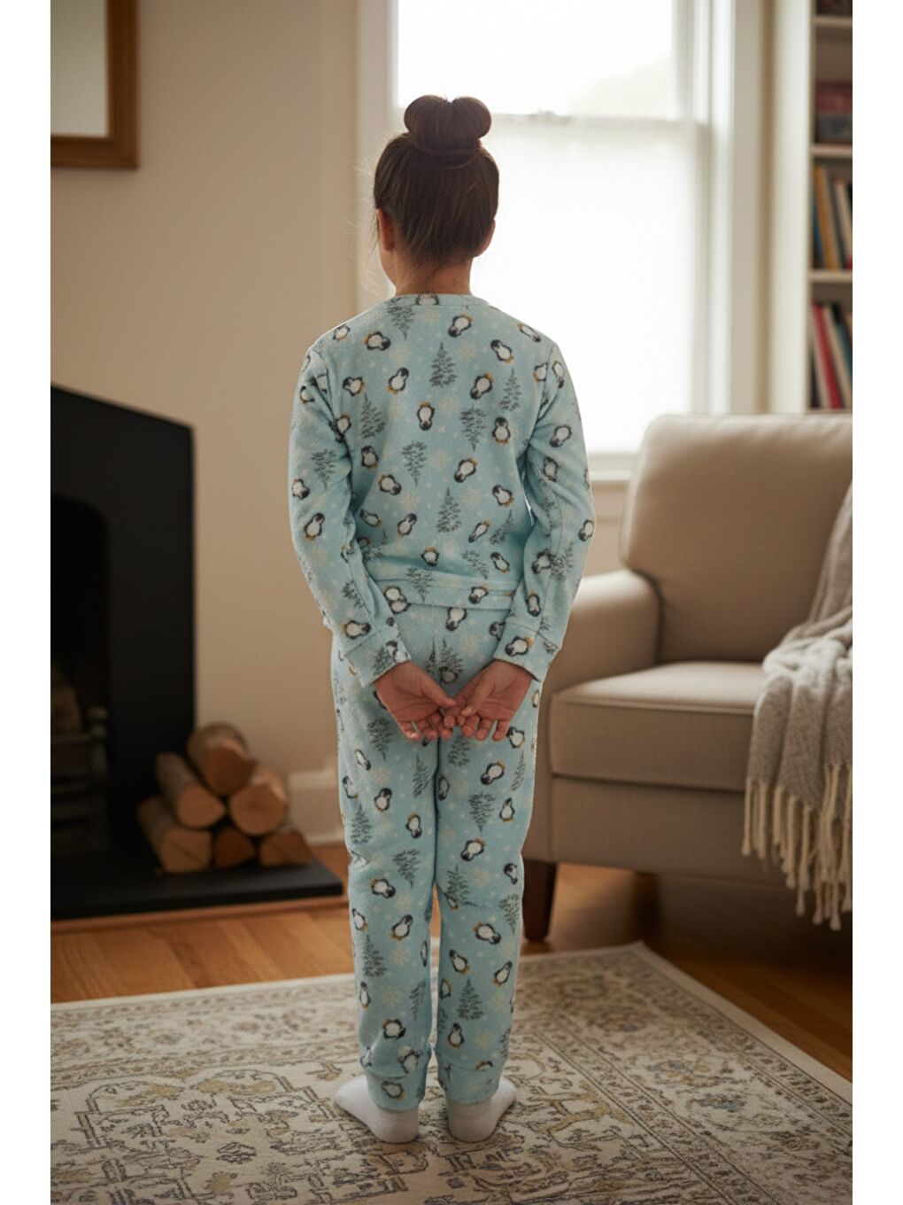 Mavi Penguen Desenli Polar Unisex Çocuk Pijama Takımı-1
