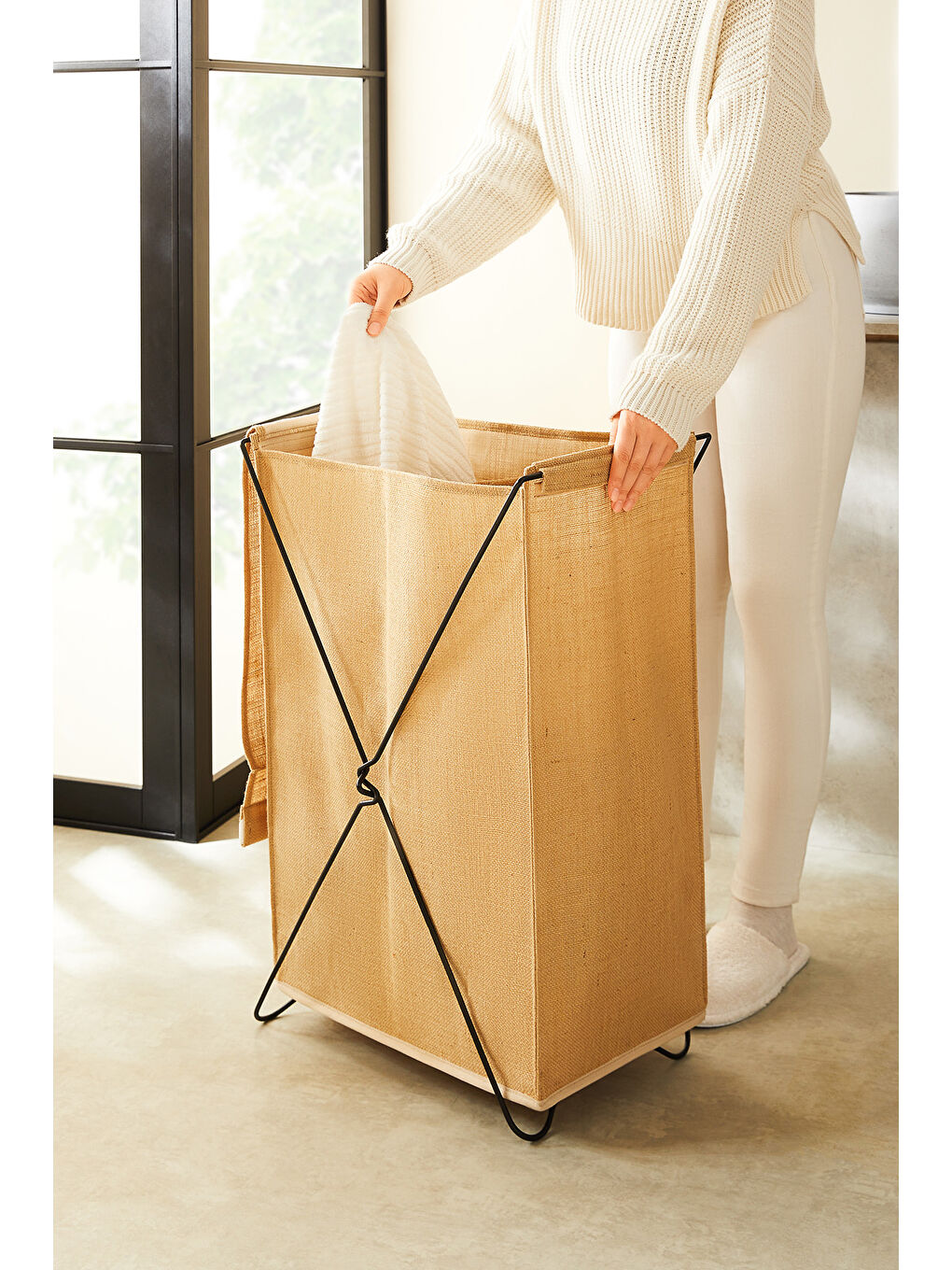 Bej Katlanabilir Bölmeli Siyah Metal Destekli Naturel Jüt Çamaşır Sepeti 44 x 29.5 x 63 cm-3