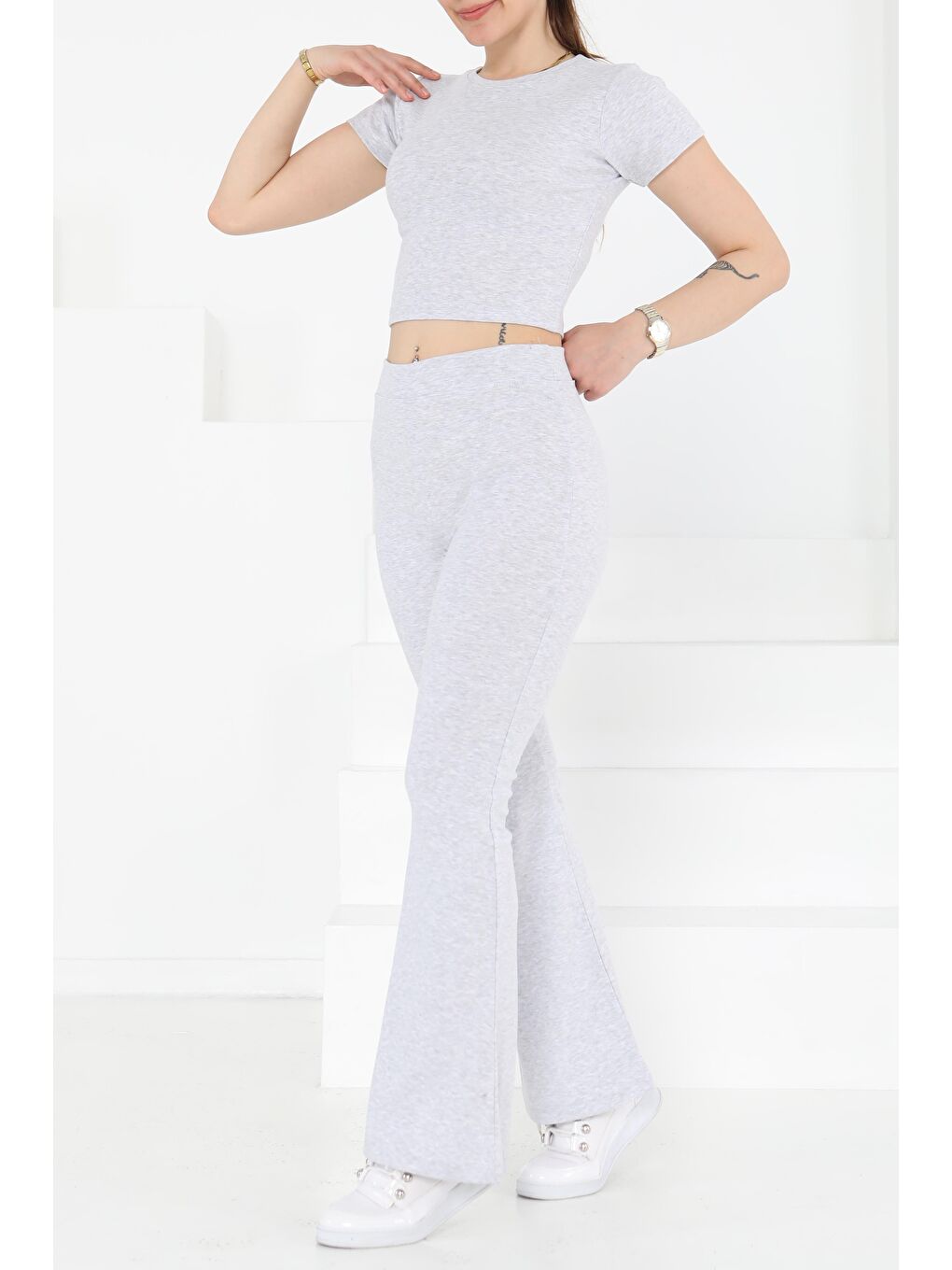 Yüksek Bel Crop İkili Takım Gri - 27229-2