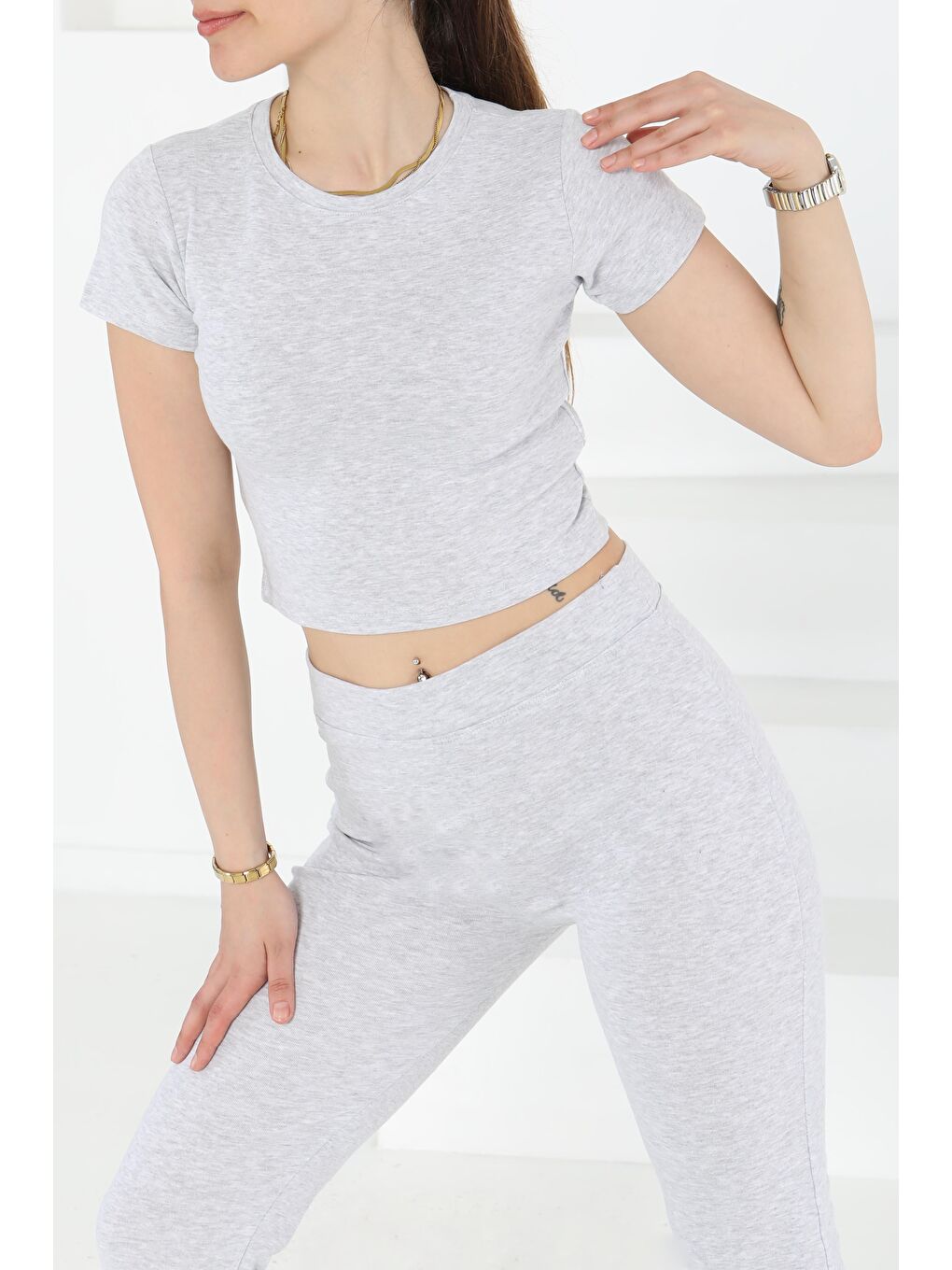 Yüksek Bel Crop İkili Takım Gri - 27229-3