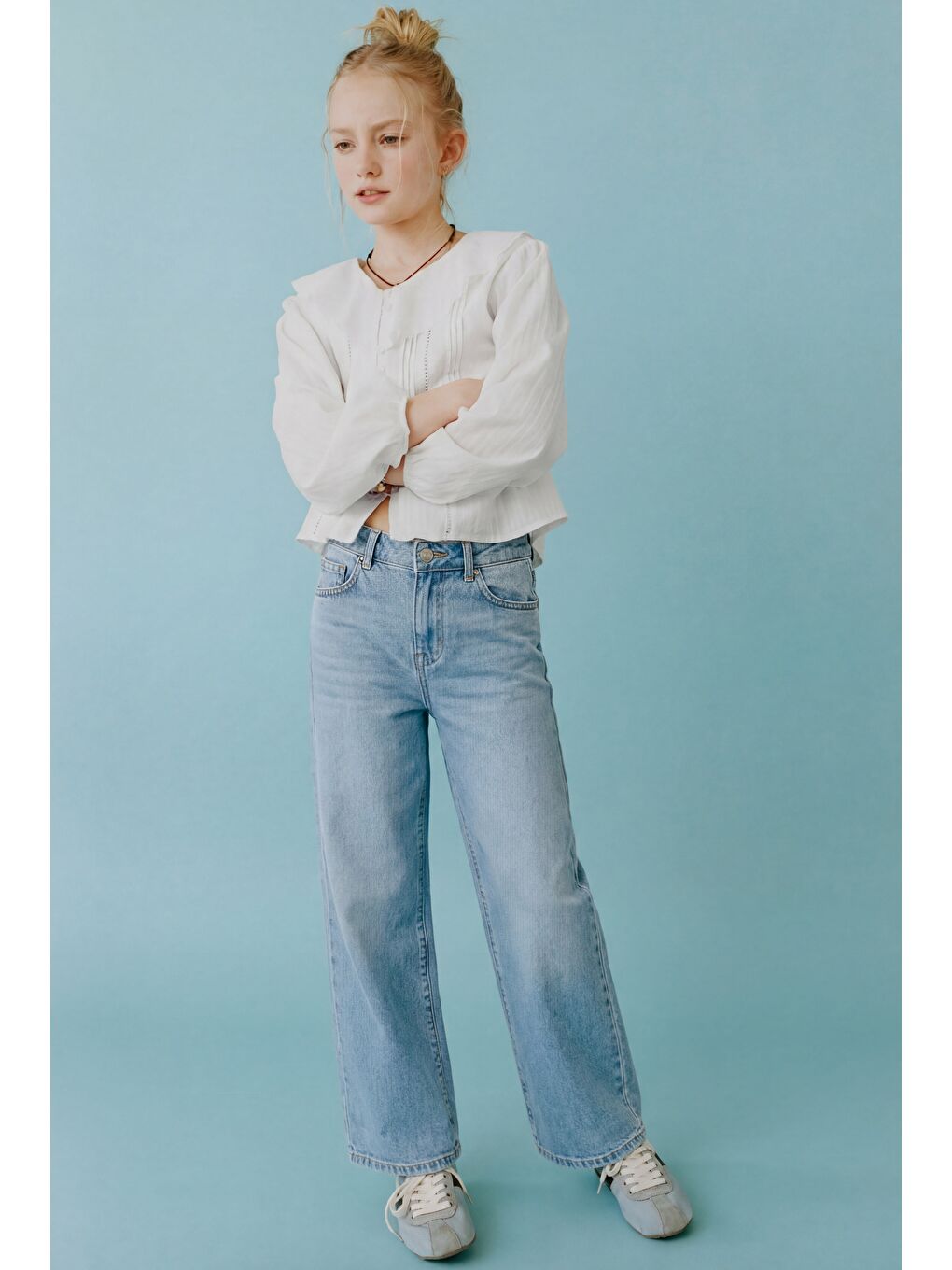 Kız Çocuk Pamuklu Açık Mavi Geniş Paça Jean Pantolon