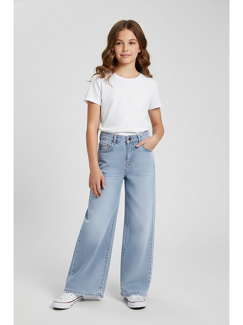Kız Çocuk Pamuklu Açık Mavi Geniş Paça Jean Pantolon-1