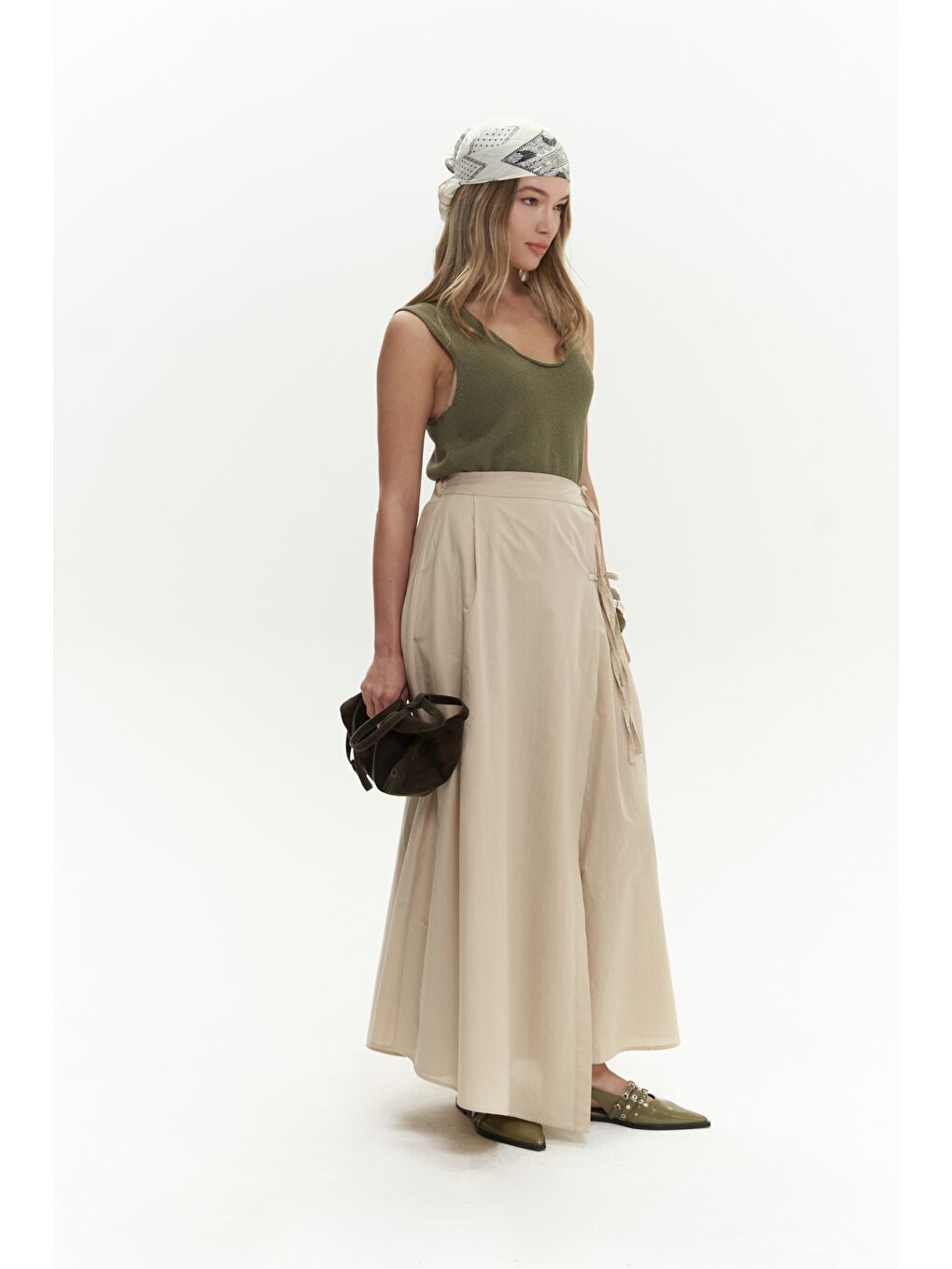 Aida İp Detay Pileli Bej Etek-2