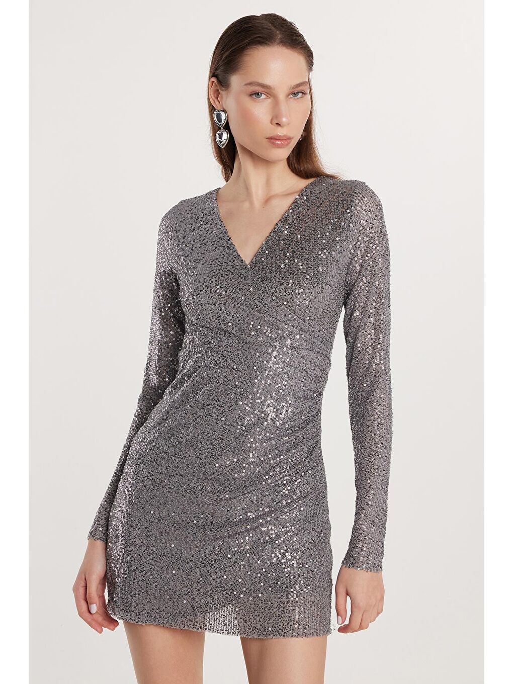 Kadın Slim Fit Dar Kesim Uzun Kol Gri V Yaka Mini Boy Elbise-2