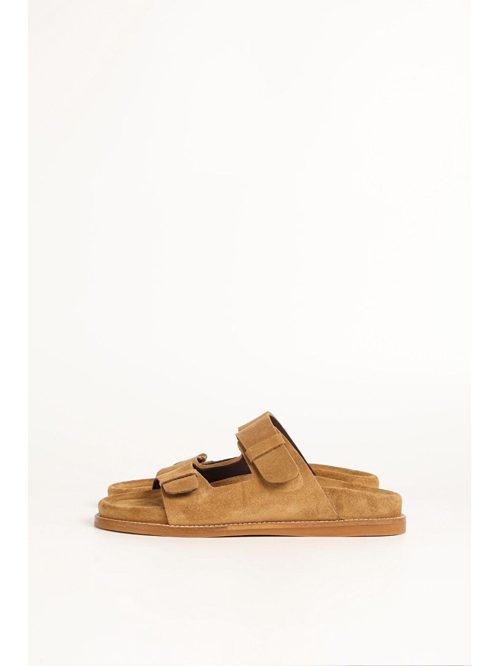 Kadın Süet Çift Bantlı Kahverengi Terlik 156-17-1