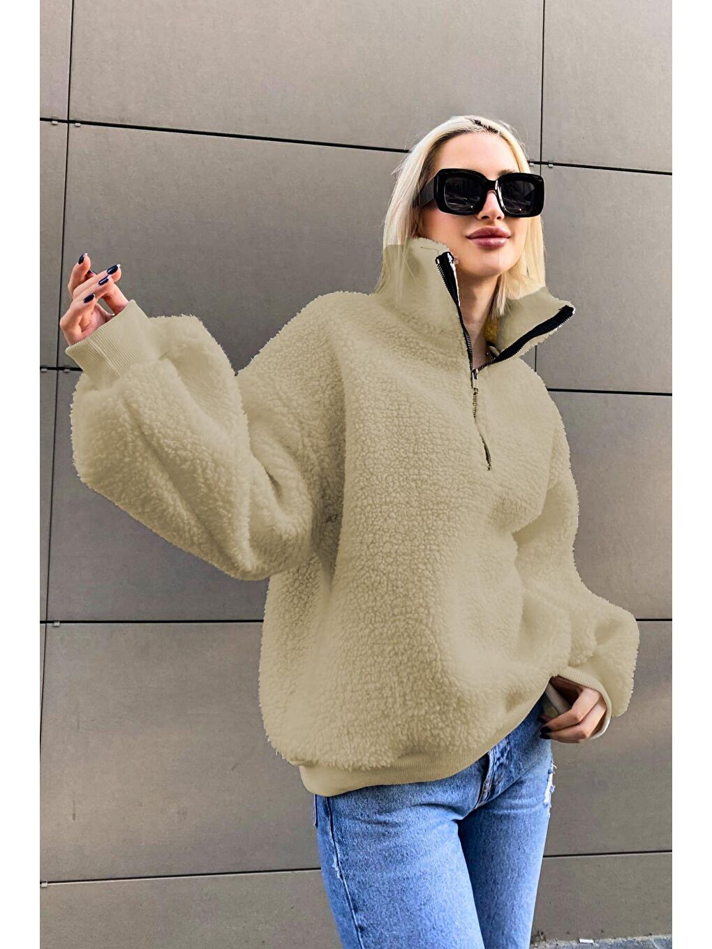 Bej Pelüş Fermuar Yaka Sweatshirt Mg1413-8