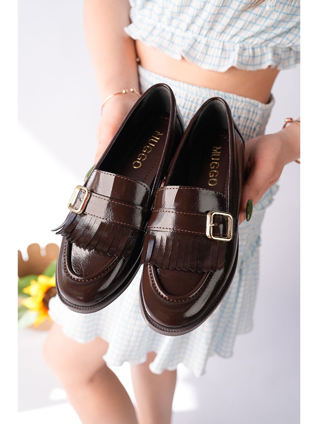 Kahverengi TASSEL Gold Tokalı Püsküllü Kadın Günlük Loafer Ayakkabı-2