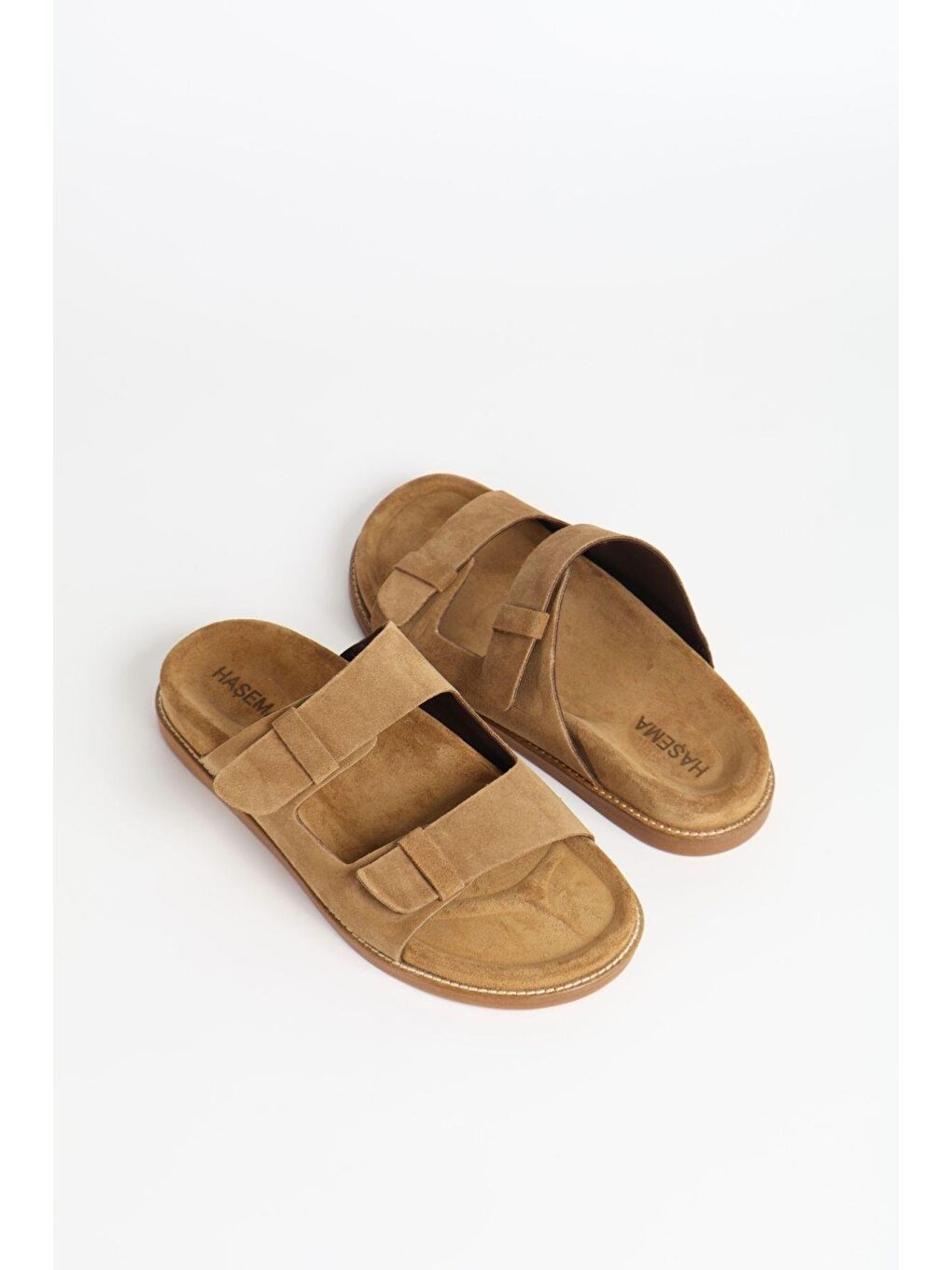 Kadın Süet Çift Bantlı Kahverengi Terlik 156-17-3