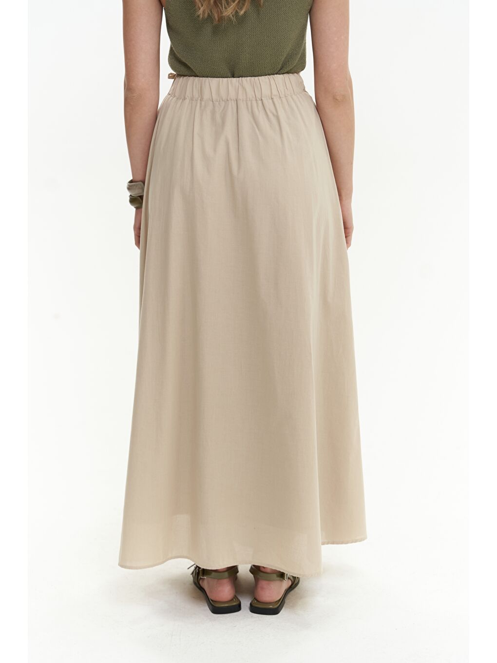 Aida İp Detay Pileli Bej Etek-6