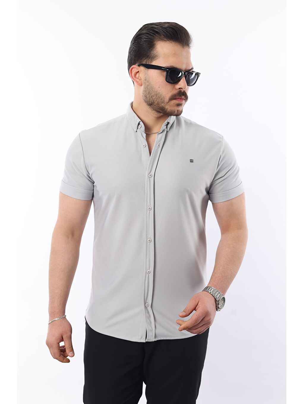 Gri Erkek Kısa Kollu Slim Fit Yazlık Basic Gömlek