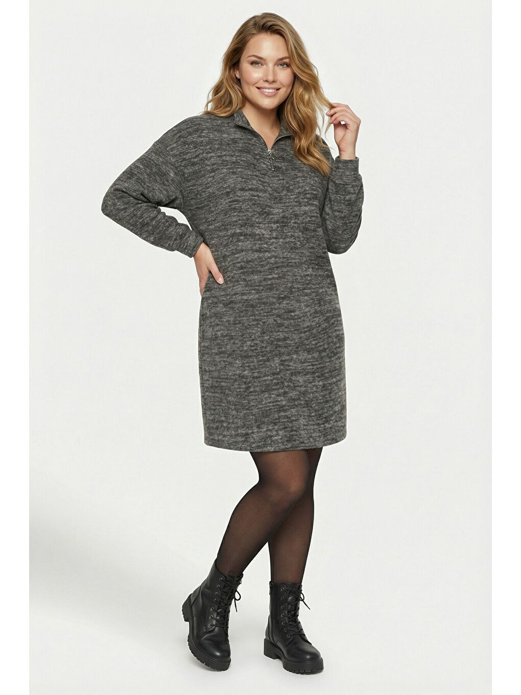 Büyük Beden Gri Yumoş Dokulu Fermuarlı Elbise 303859-3