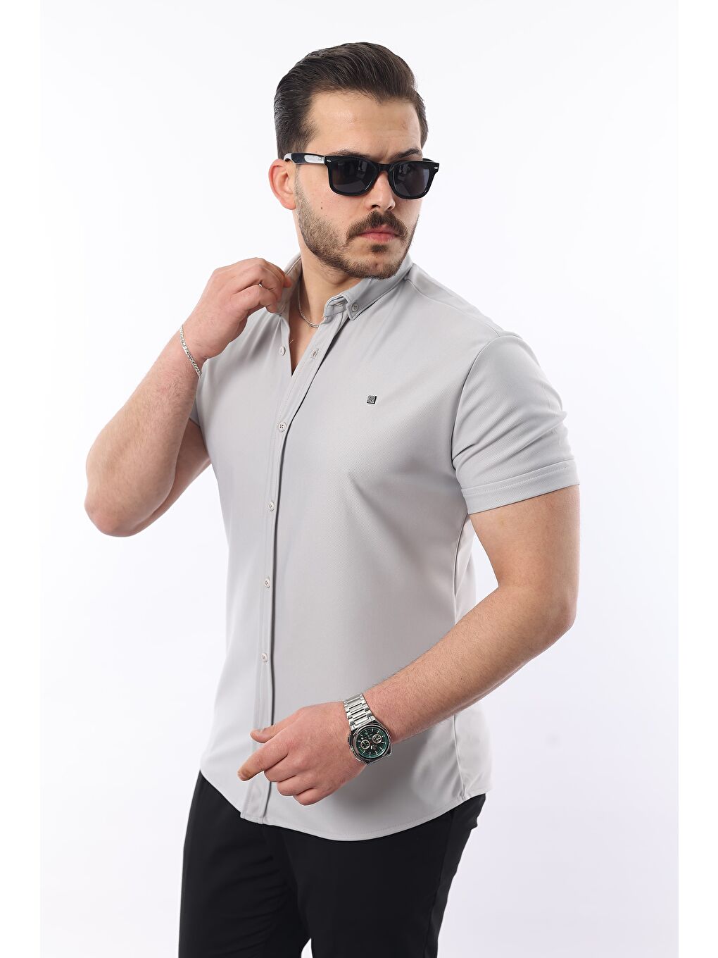 Gri Erkek Kısa Kollu Slim Fit Yazlık Basic Gömlek-2