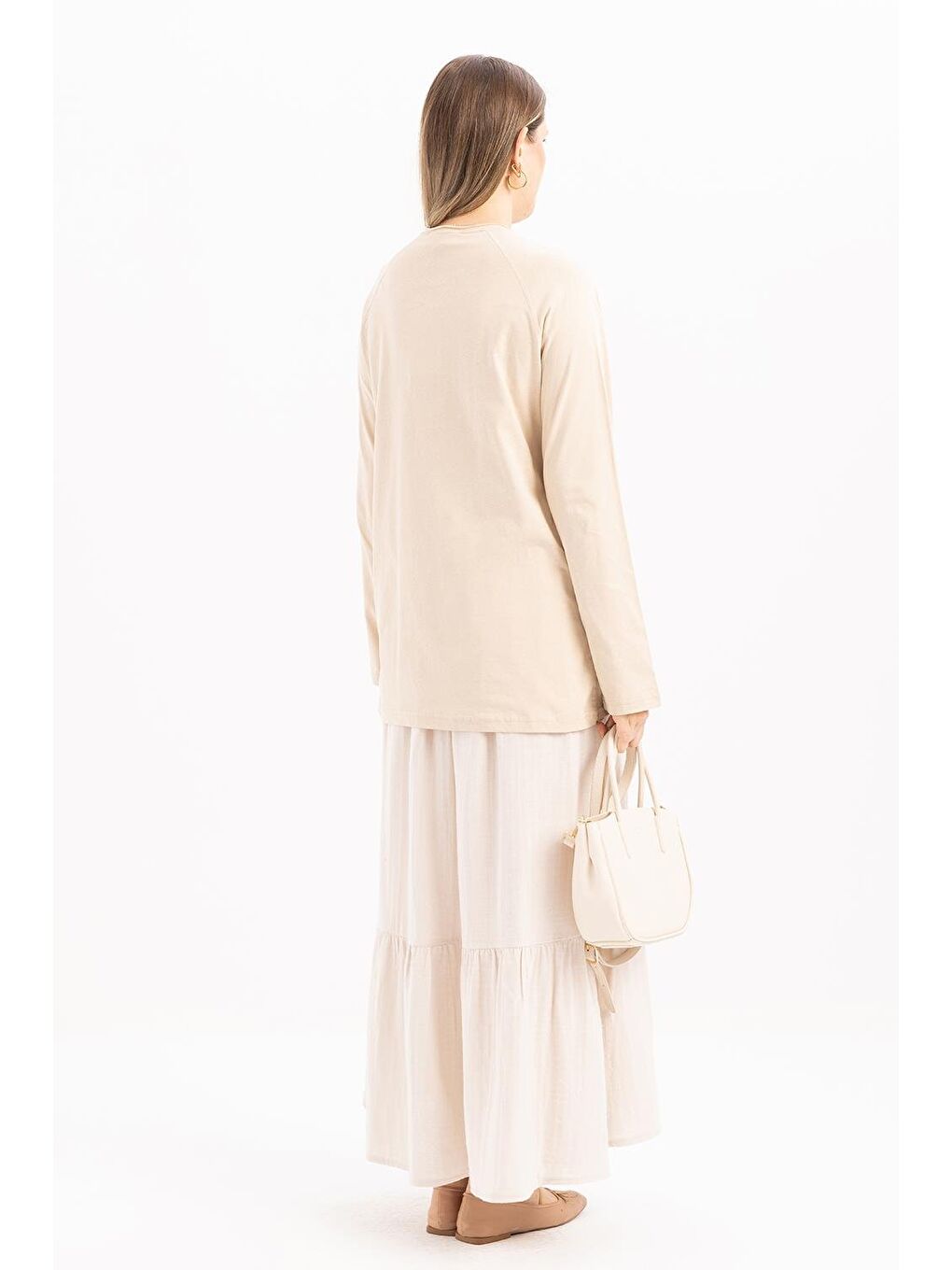 Bej-Uzun Kollu Baskı Detaylı Süprem Tshirt-2