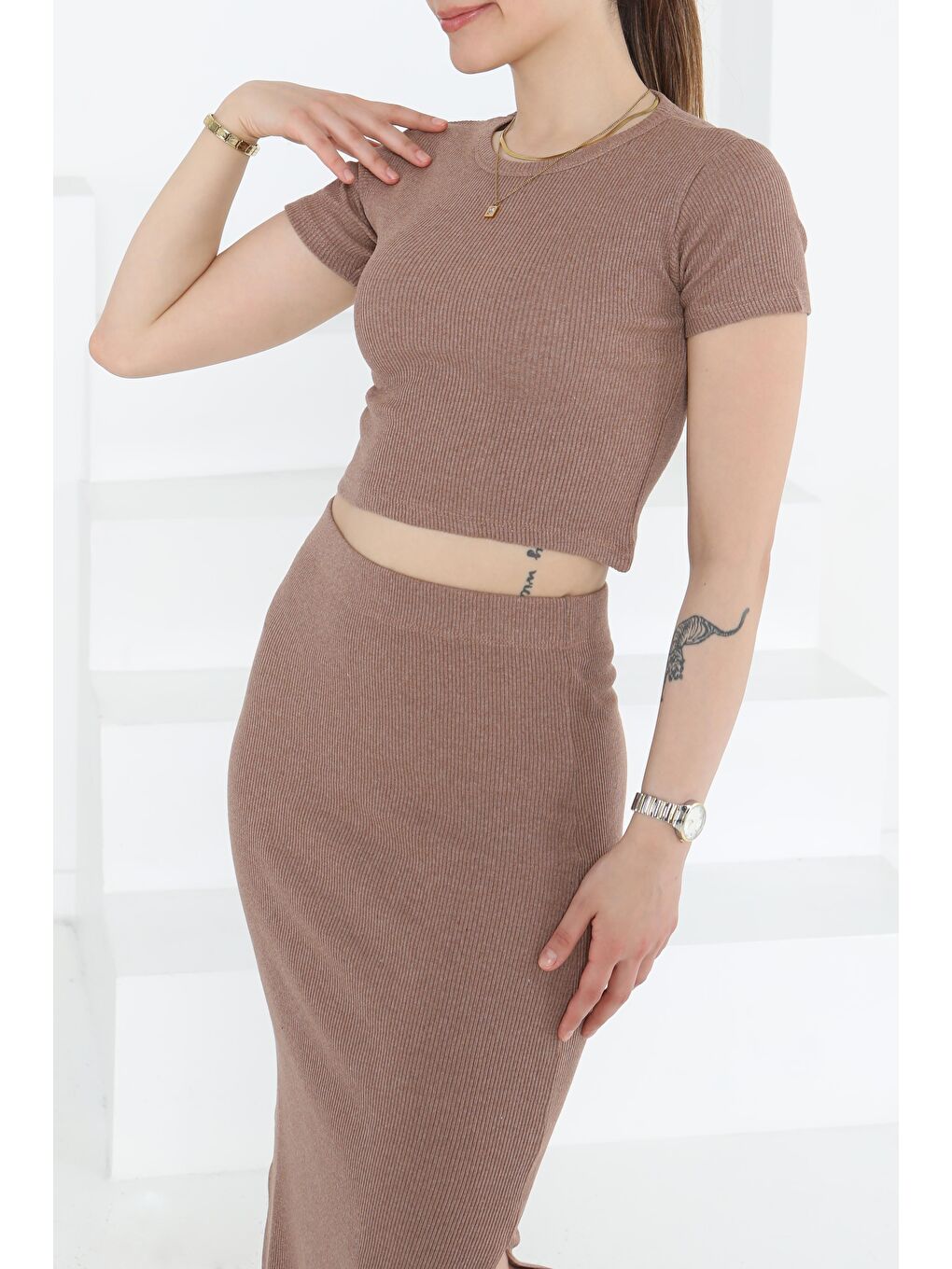 Kahverengi Kısa Kollu İkili Takım Taba - 27231-2