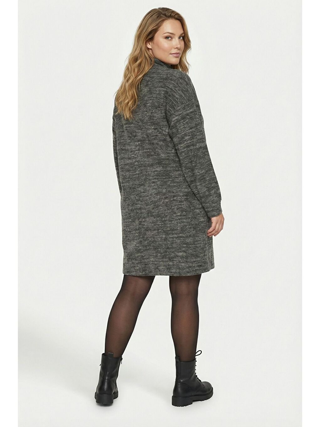 Büyük Beden Gri Yumoş Dokulu Fermuarlı Elbise 303859-6