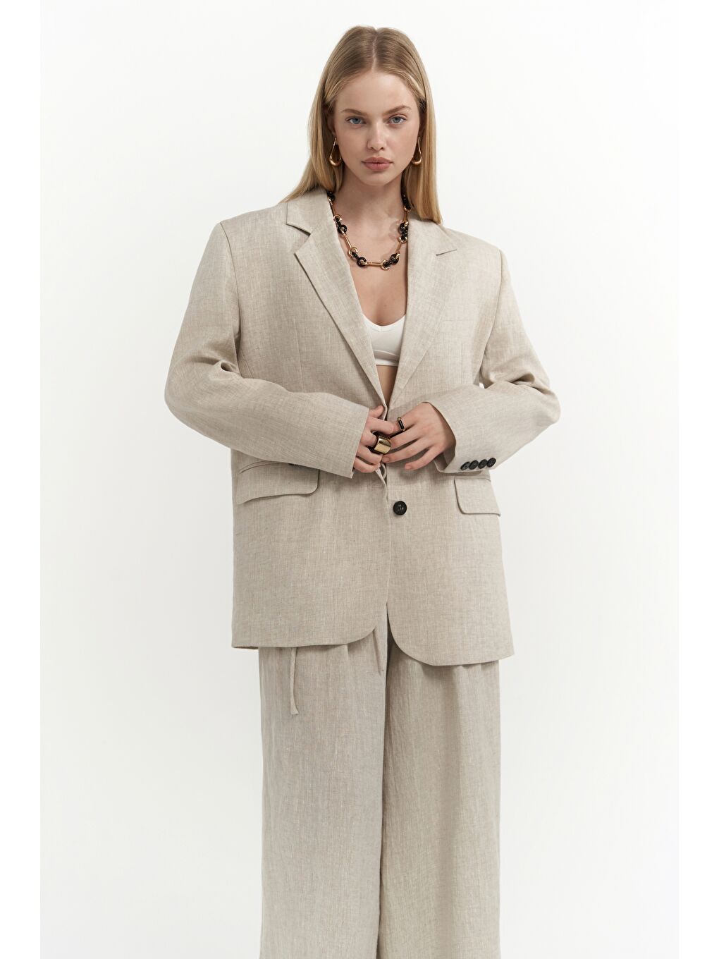 Bohemai Bej Sinai Keten Basic Naturel Blazer