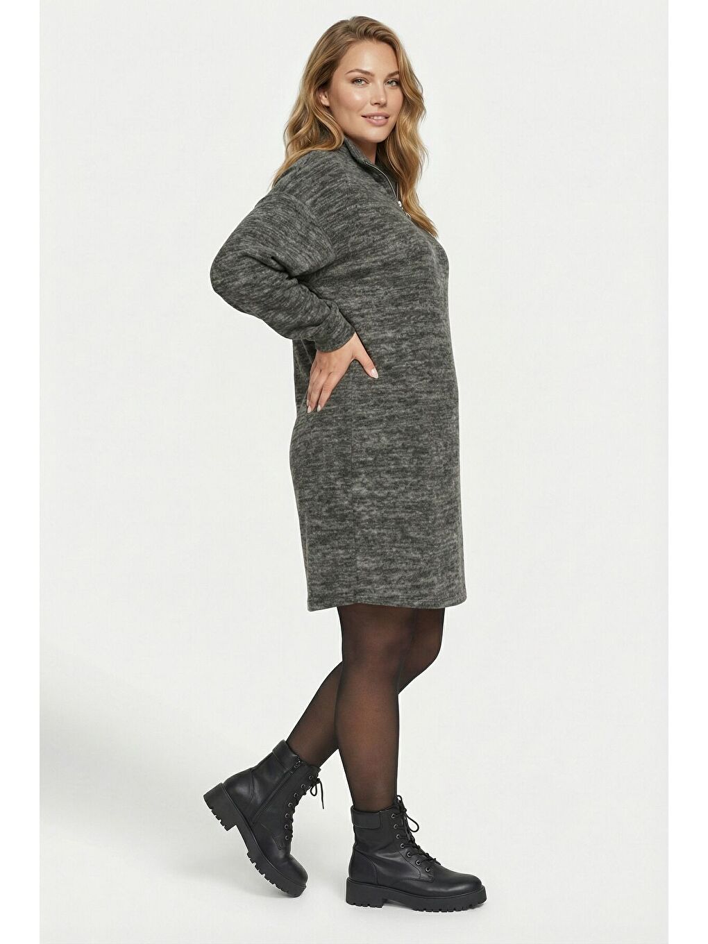 Büyük Beden Gri Yumoş Dokulu Fermuarlı Elbise 303859-7