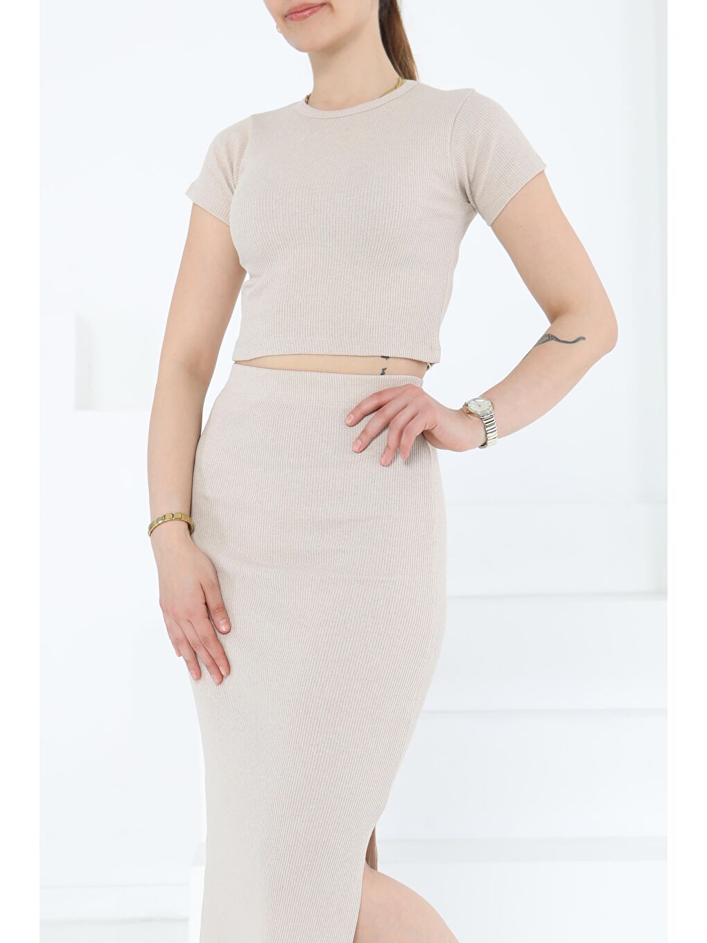 Bej Kısa Kollu İkili Takım Taş - 27231-1