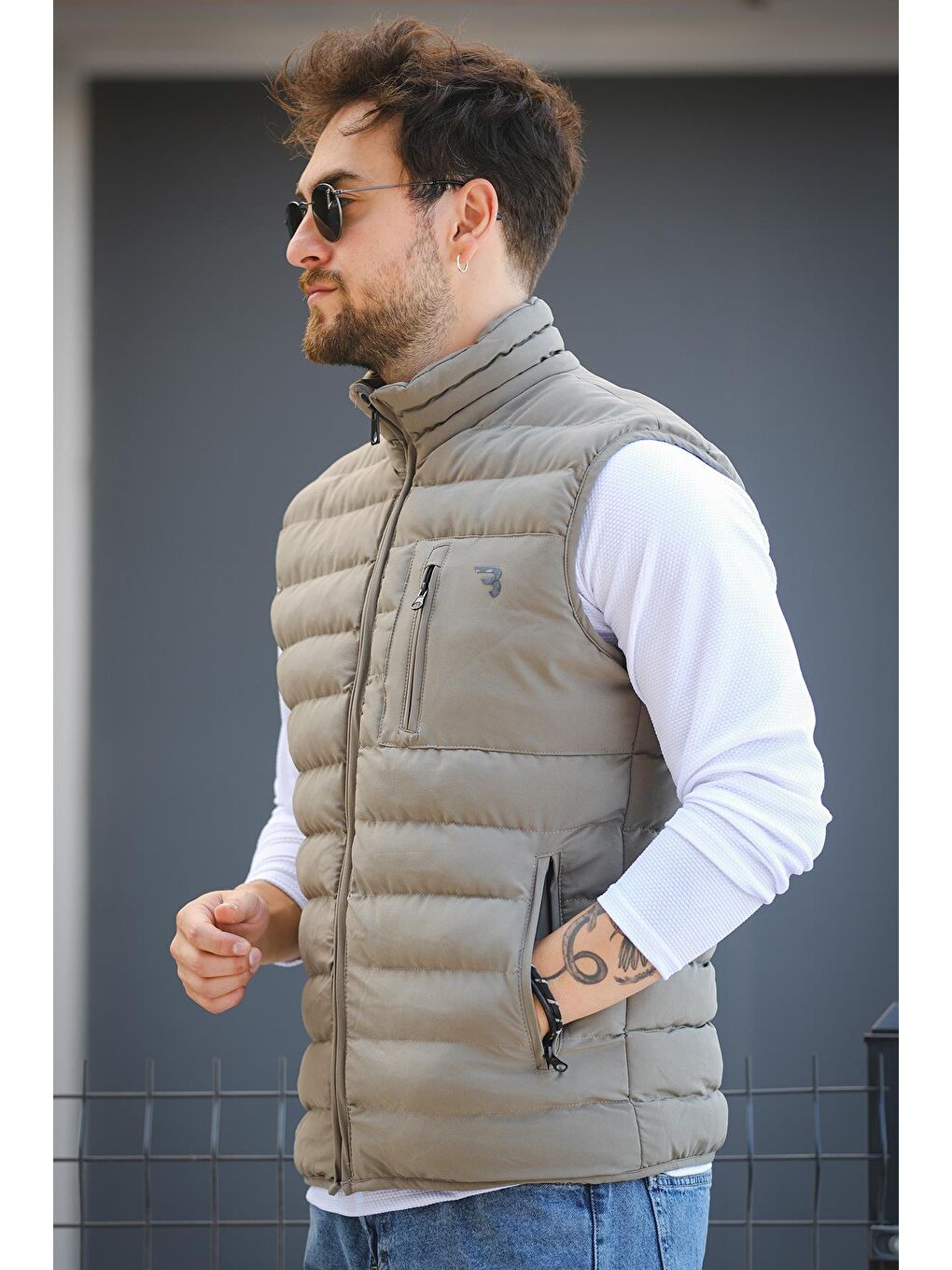 Yeşil Doxfa Suya Dayanıklı Cepli Fermuar Detaylı Dik Yaka Erkek Şişme Yelek