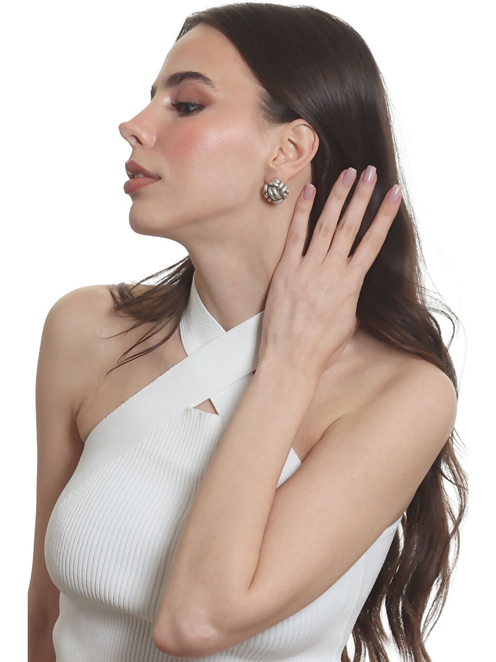 Gri Kadın Antik Gümüş Kaplama Çivili Model İki Telli Halat Düğüm Küpe-4