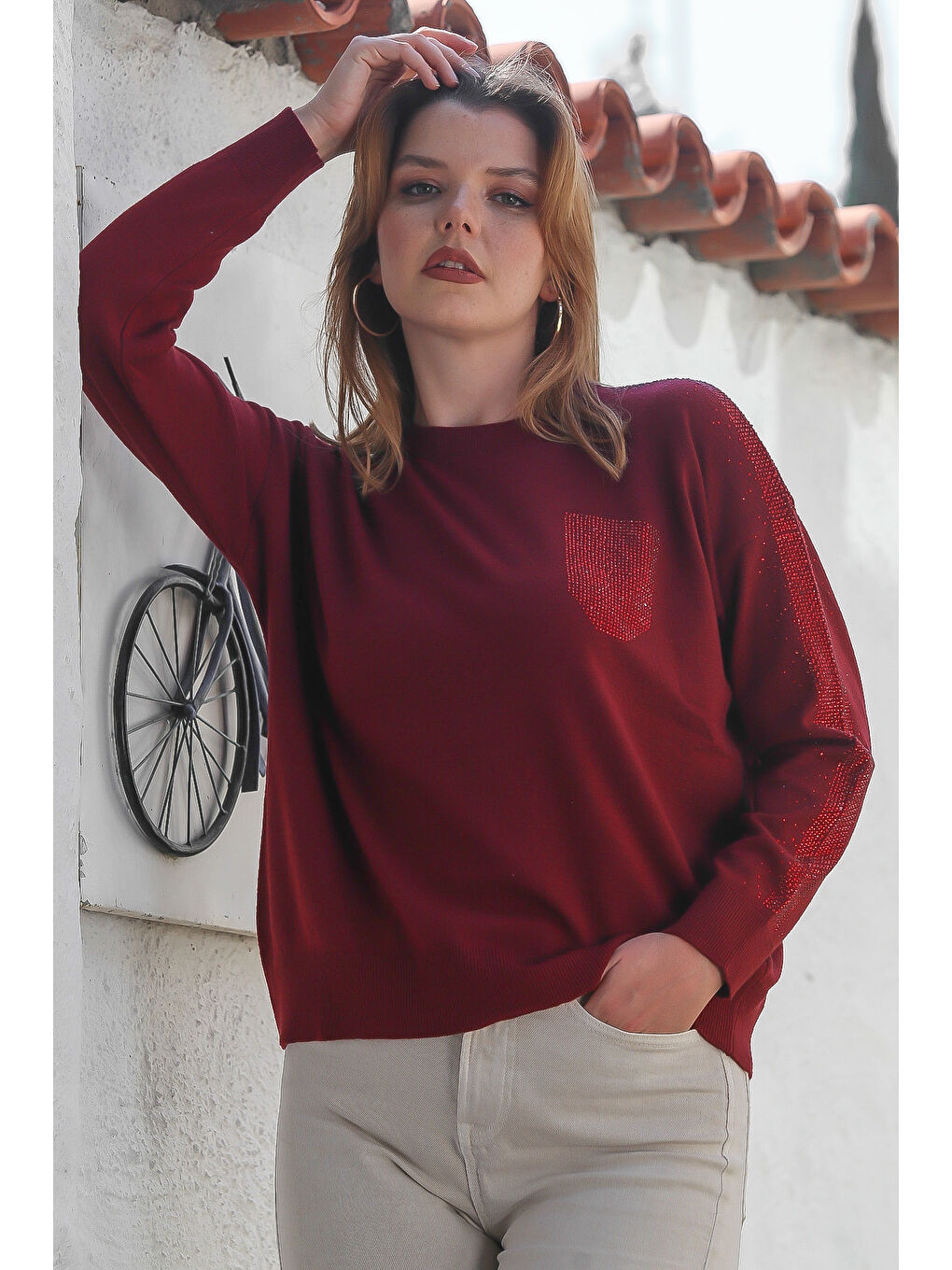 Bordo Yuvarlak Yaka Uzun Kol Arkası Düğmeli Taşlı Casual Triko Kazak 65 60-3