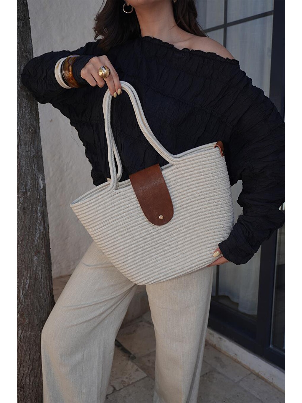 Ekru Duffy Kapaklı Handmade Hasır Tote Çanta Krem-1