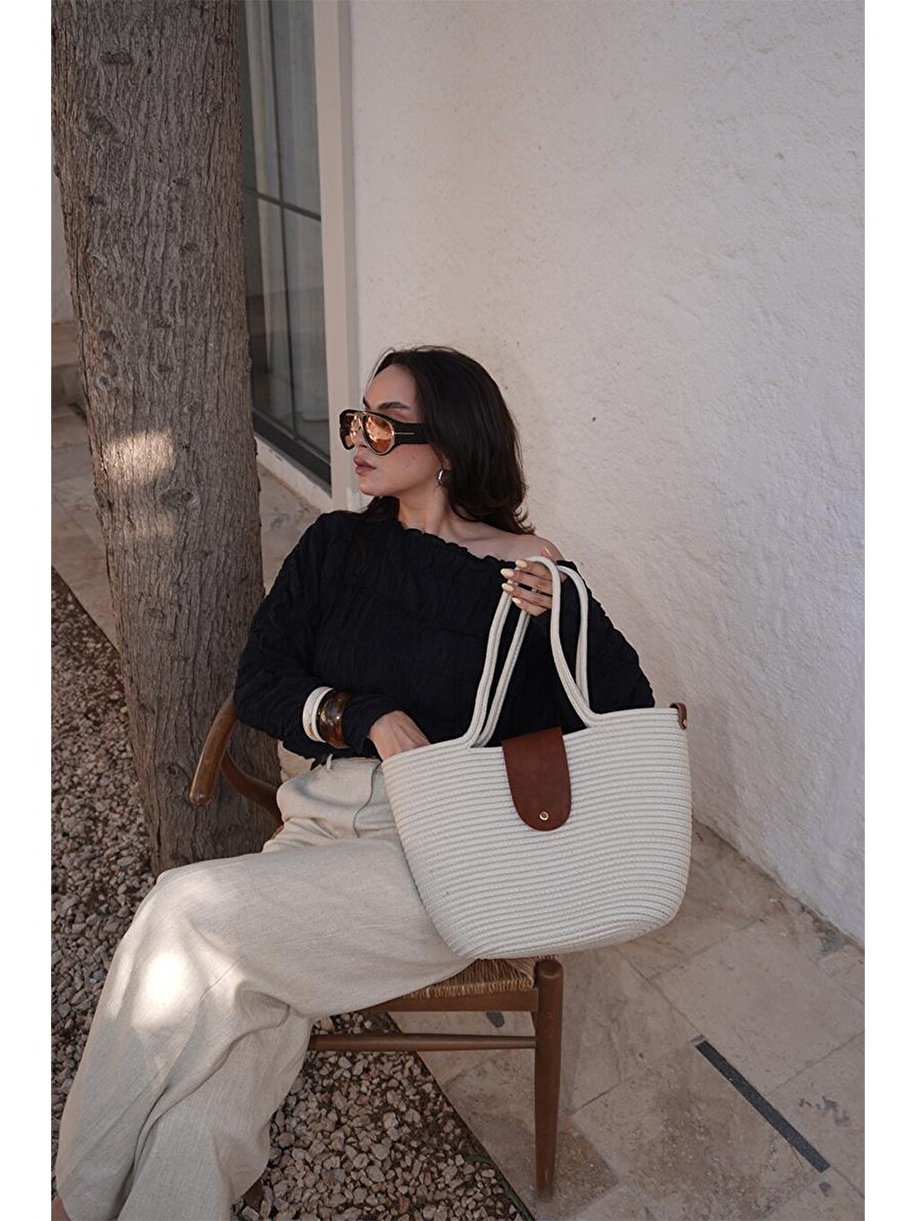 Ekru Duffy Kapaklı Handmade Hasır Tote Çanta Krem-2