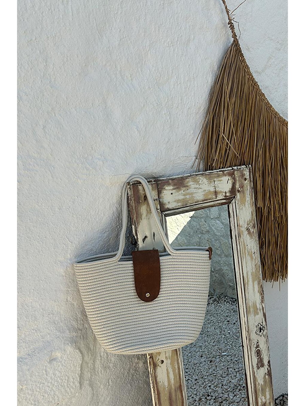 Ekru Duffy Kapaklı Handmade Hasır Tote Çanta Krem-3