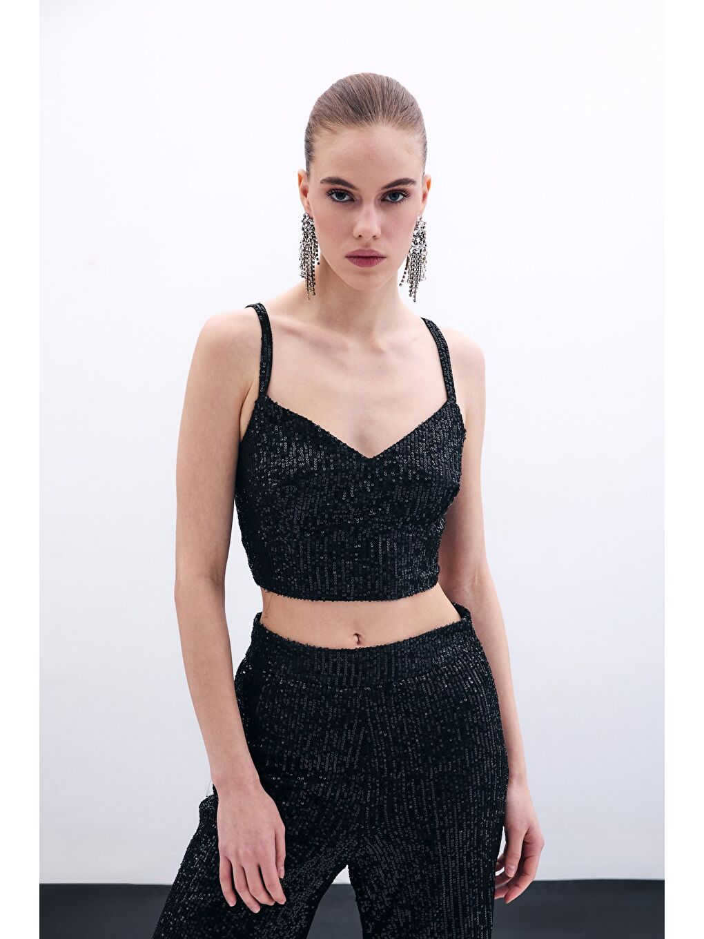 Kalın Askılı Payet Crop - Siyah-1