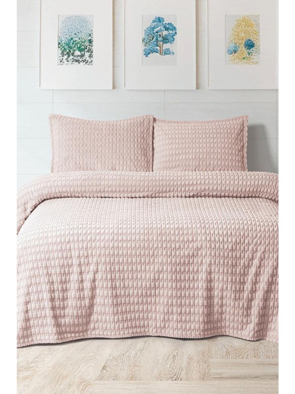 Pembe Merinos Twist Çift Kişilik Battaniye Seti Pudra
