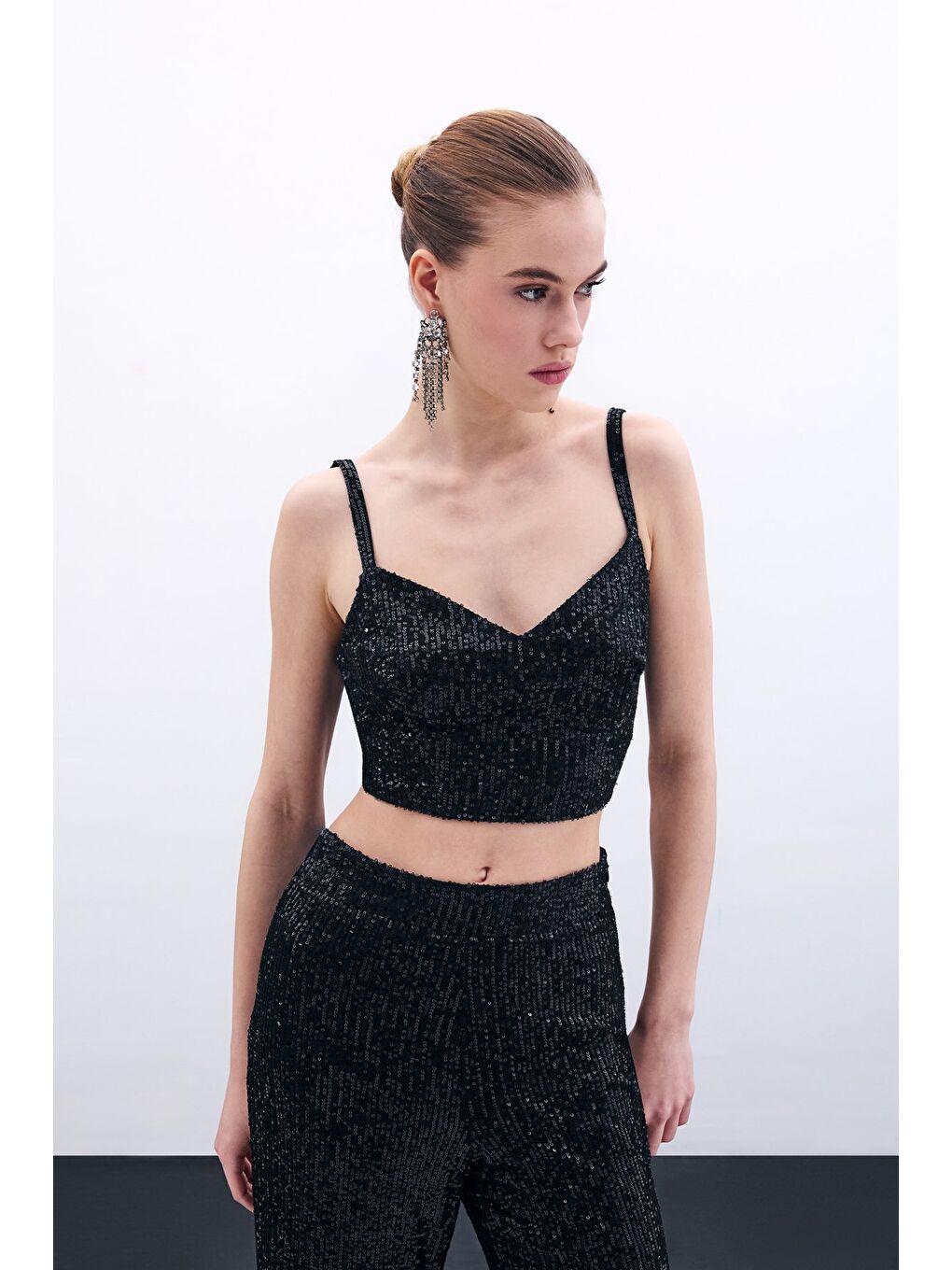 Kalın Askılı Payet Crop - Siyah-2