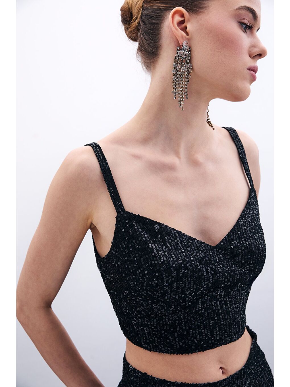 Kalın Askılı Payet Crop - Siyah-4