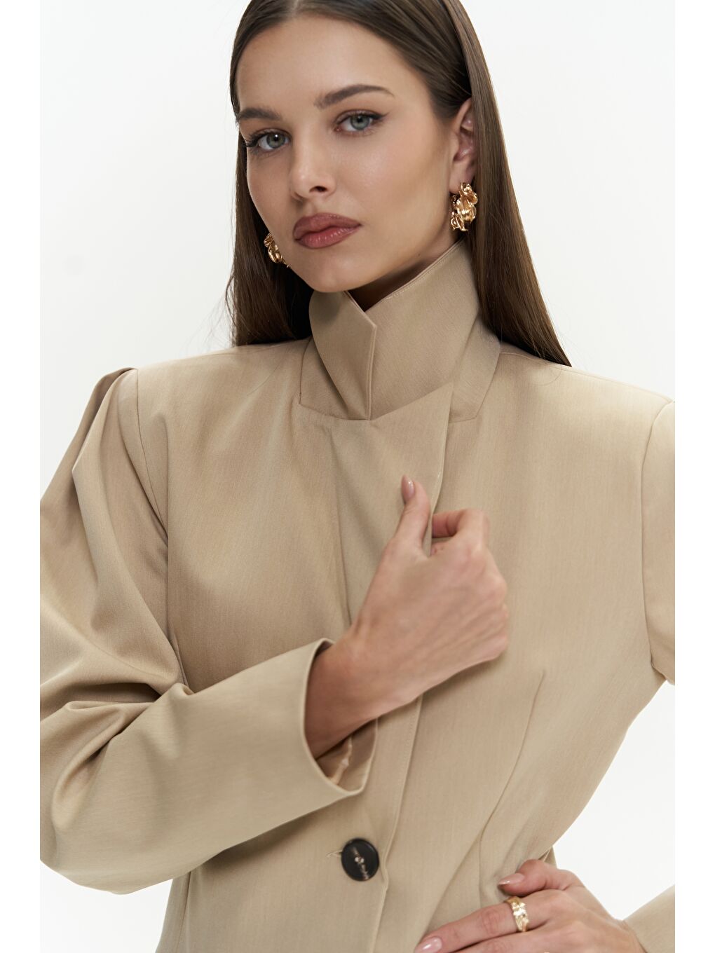 Bej Briella Belden Oturtmalı Vizon Blazer-6