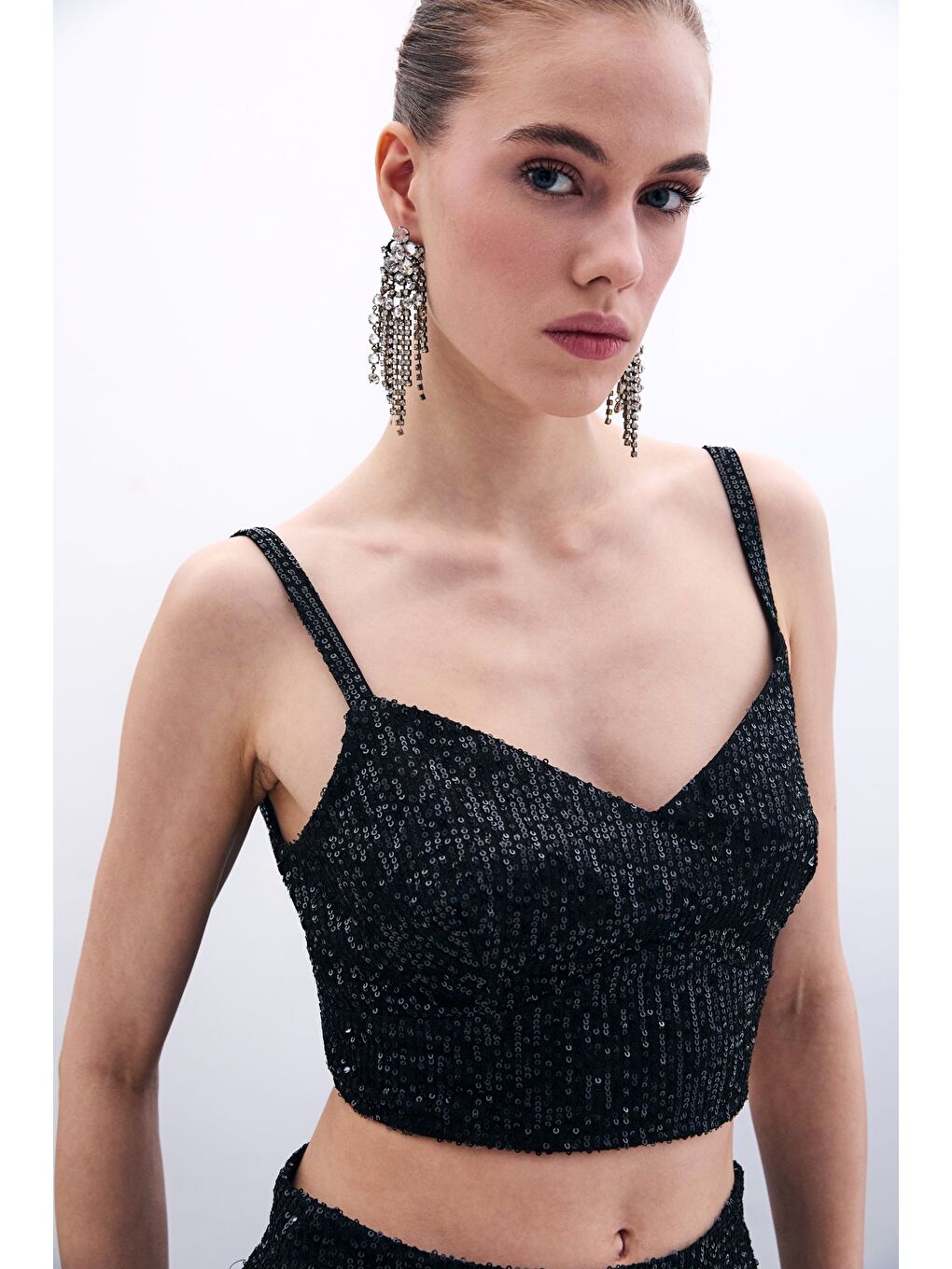 Kalın Askılı Payet Crop - Siyah-5