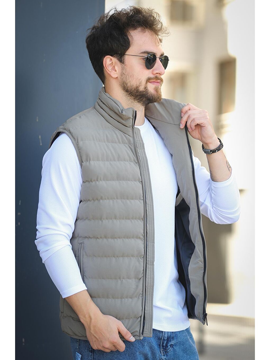 Yeşil Doxfa Suya Dayanıklı Cepli Fermuar Detaylı Dik Yaka Erkek Şişme Yelek-2