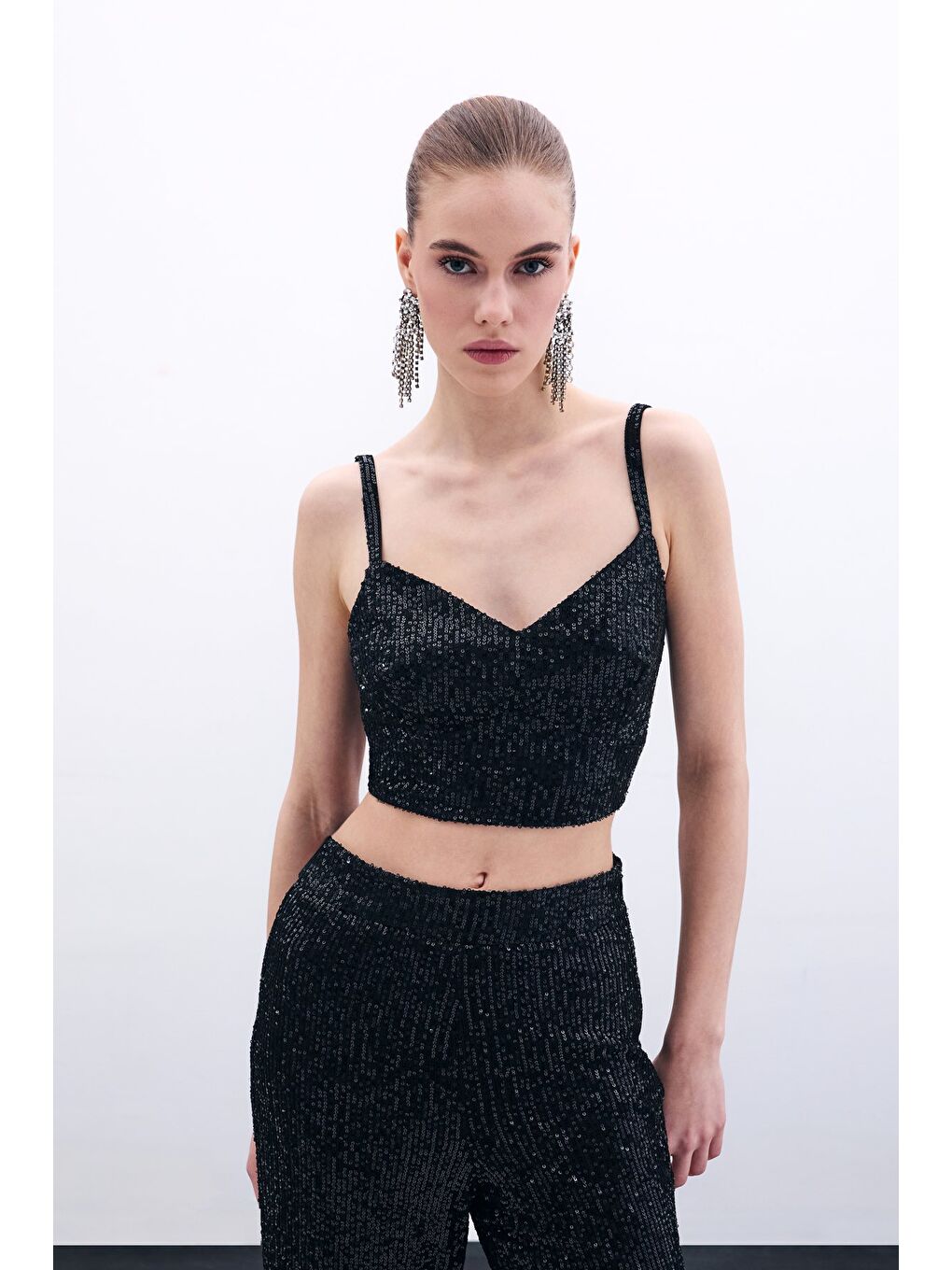 Kalın Askılı Payet Crop - Siyah-6