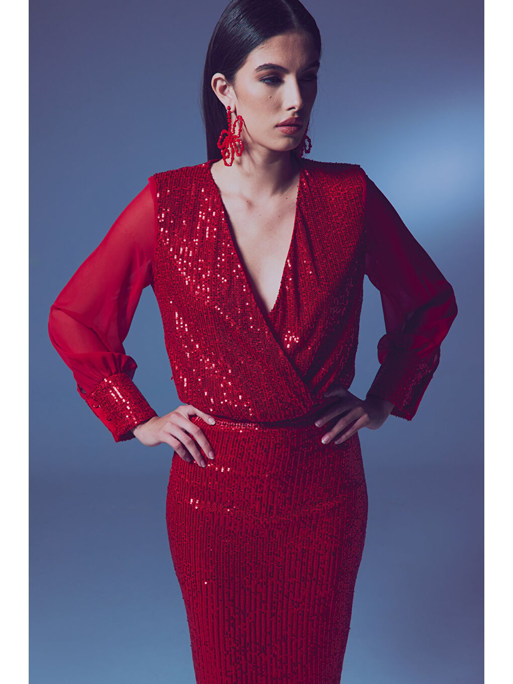 Şifon Kol Bodysuit Bluz - Kırmızı