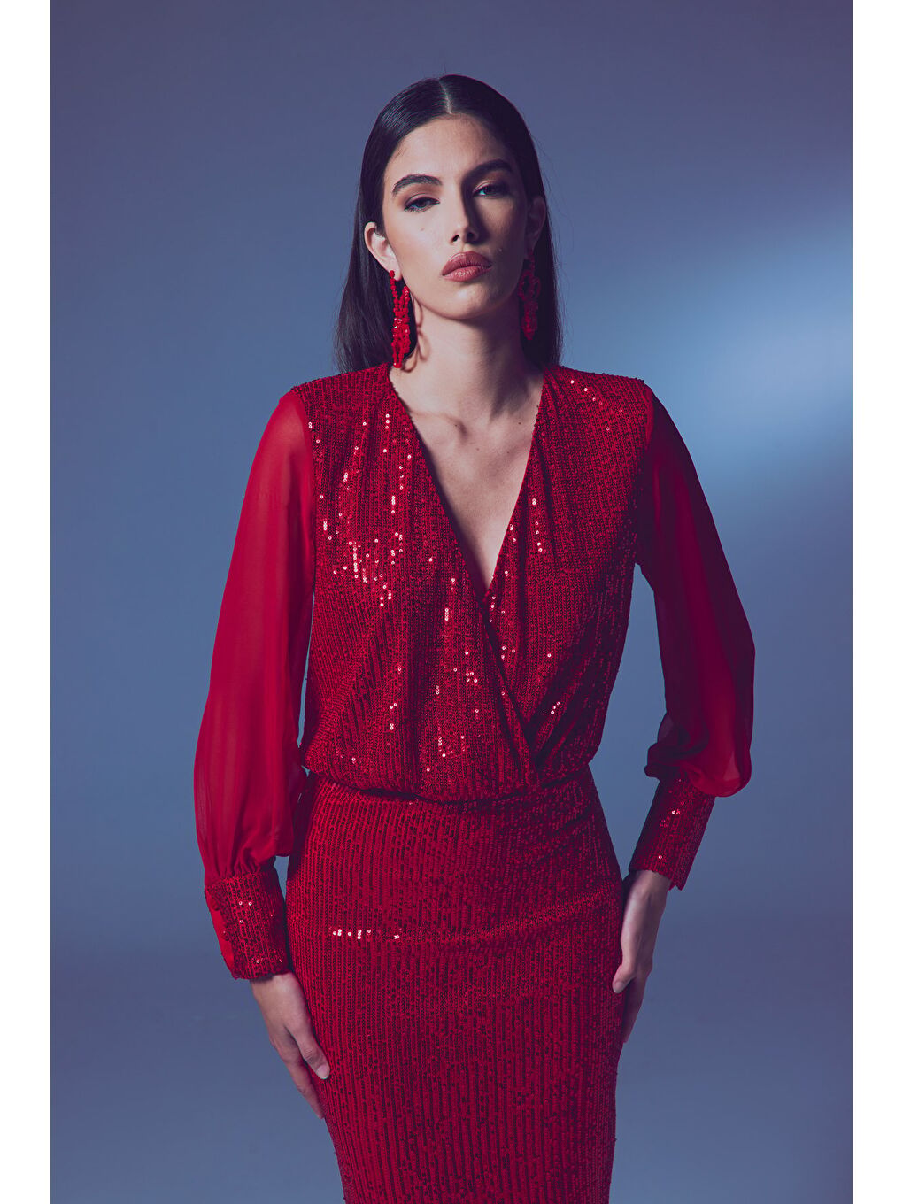 Şifon Kol Bodysuit Bluz - Kırmızı-1